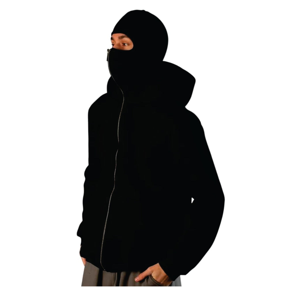 Person wearing a black hooded 