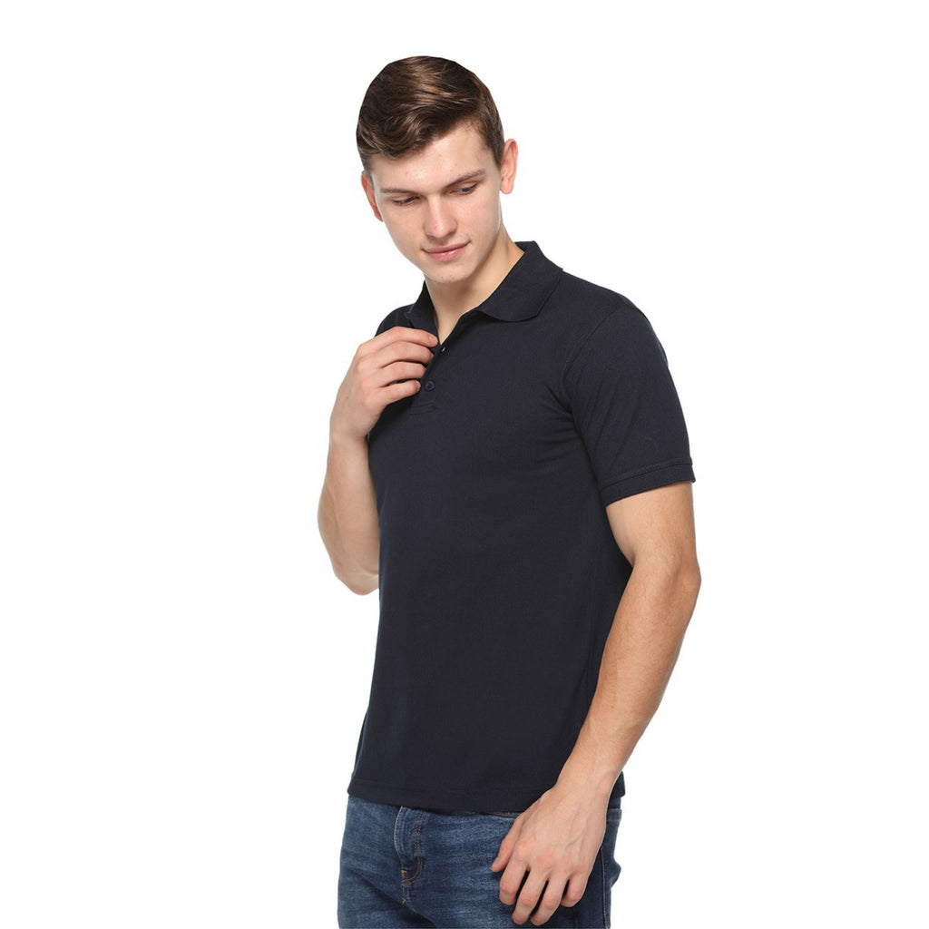Man wearing a black polo t shirt on a white background