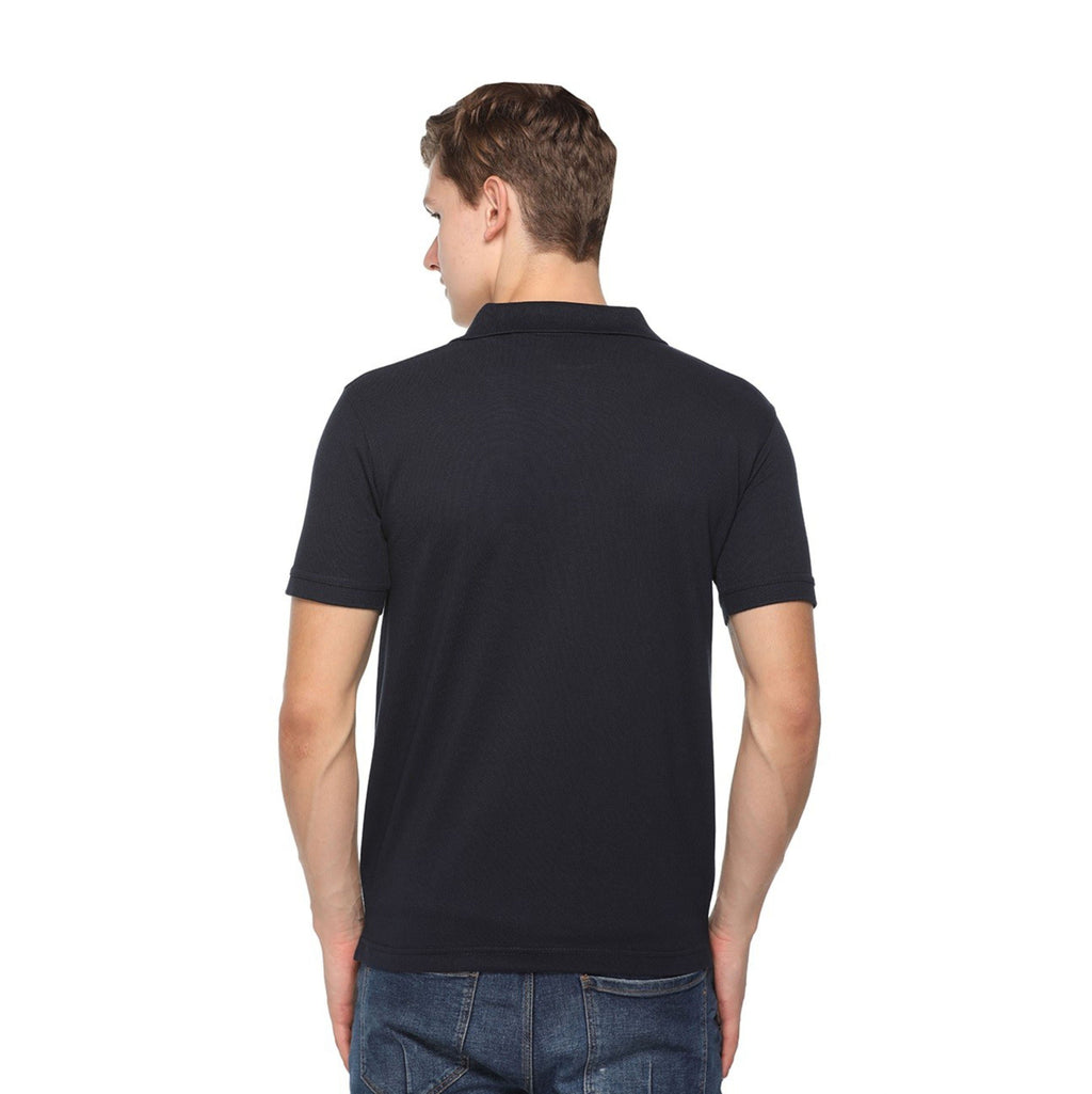 Man wearing a black polo t shirt on a white background