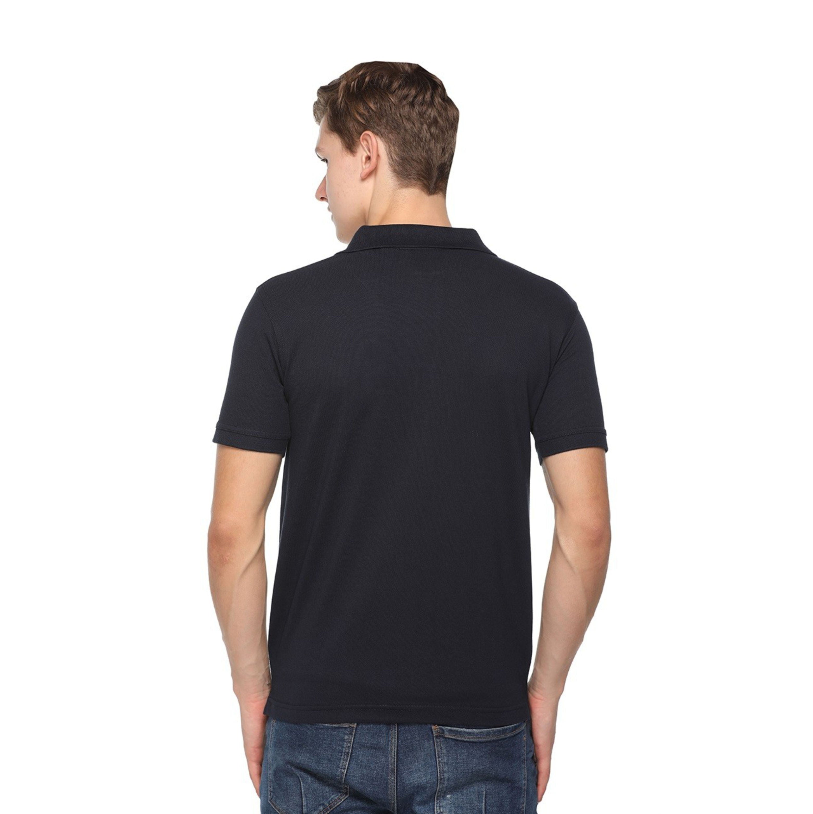 Man wearing a black polo t shirt on a white background