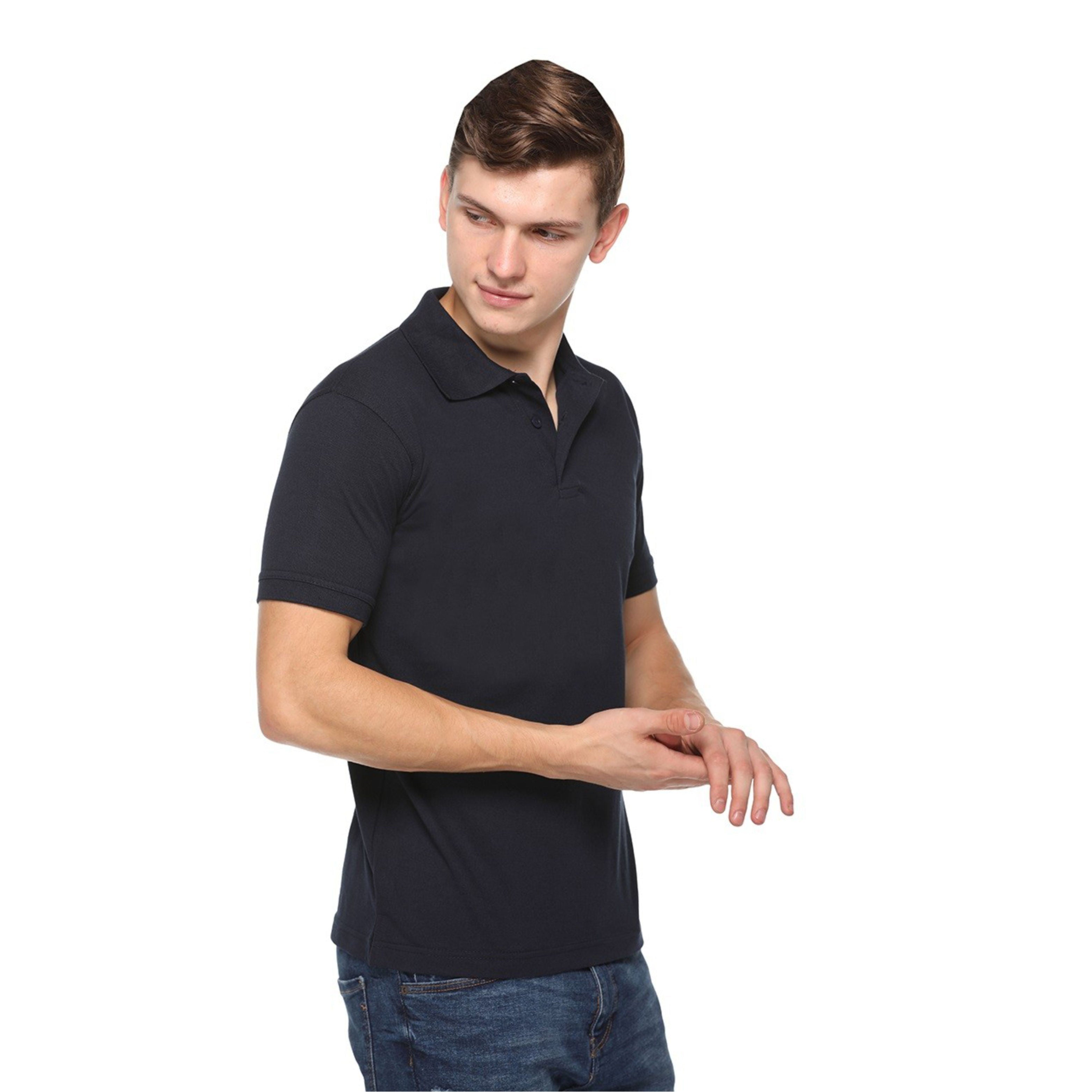 Man wearing a navy blue polo t shirt on a white background