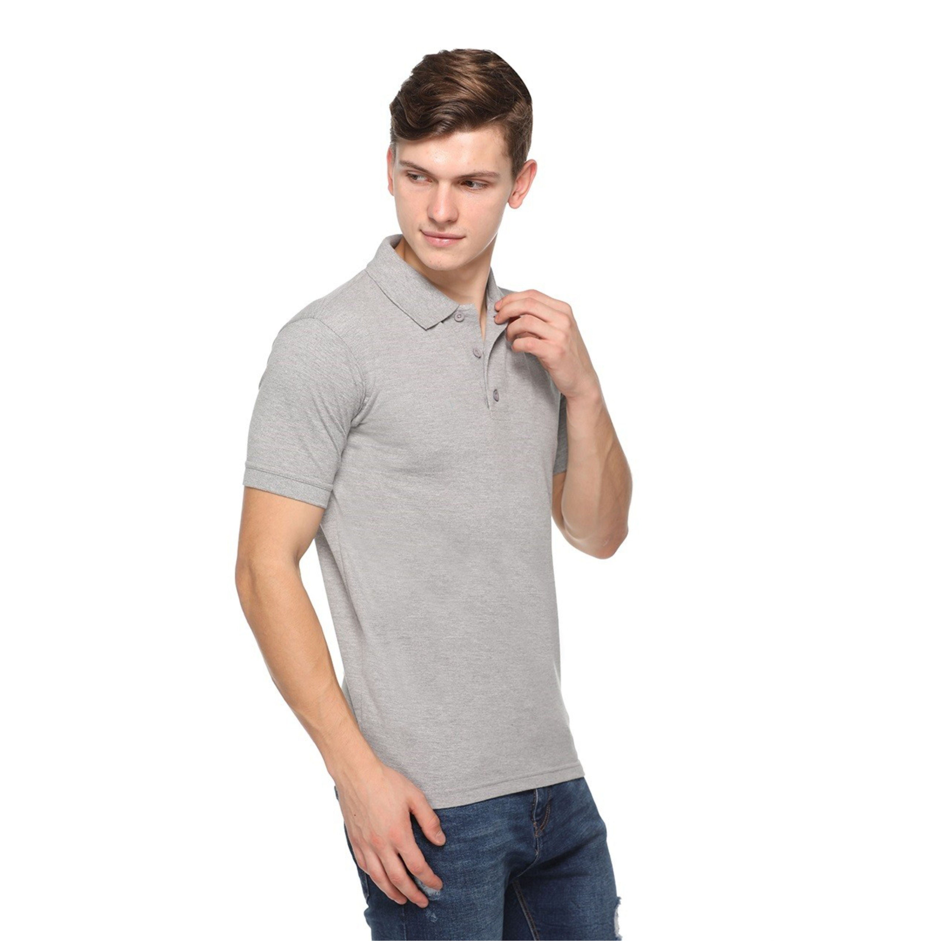 Man wearing a gray polo t shirt