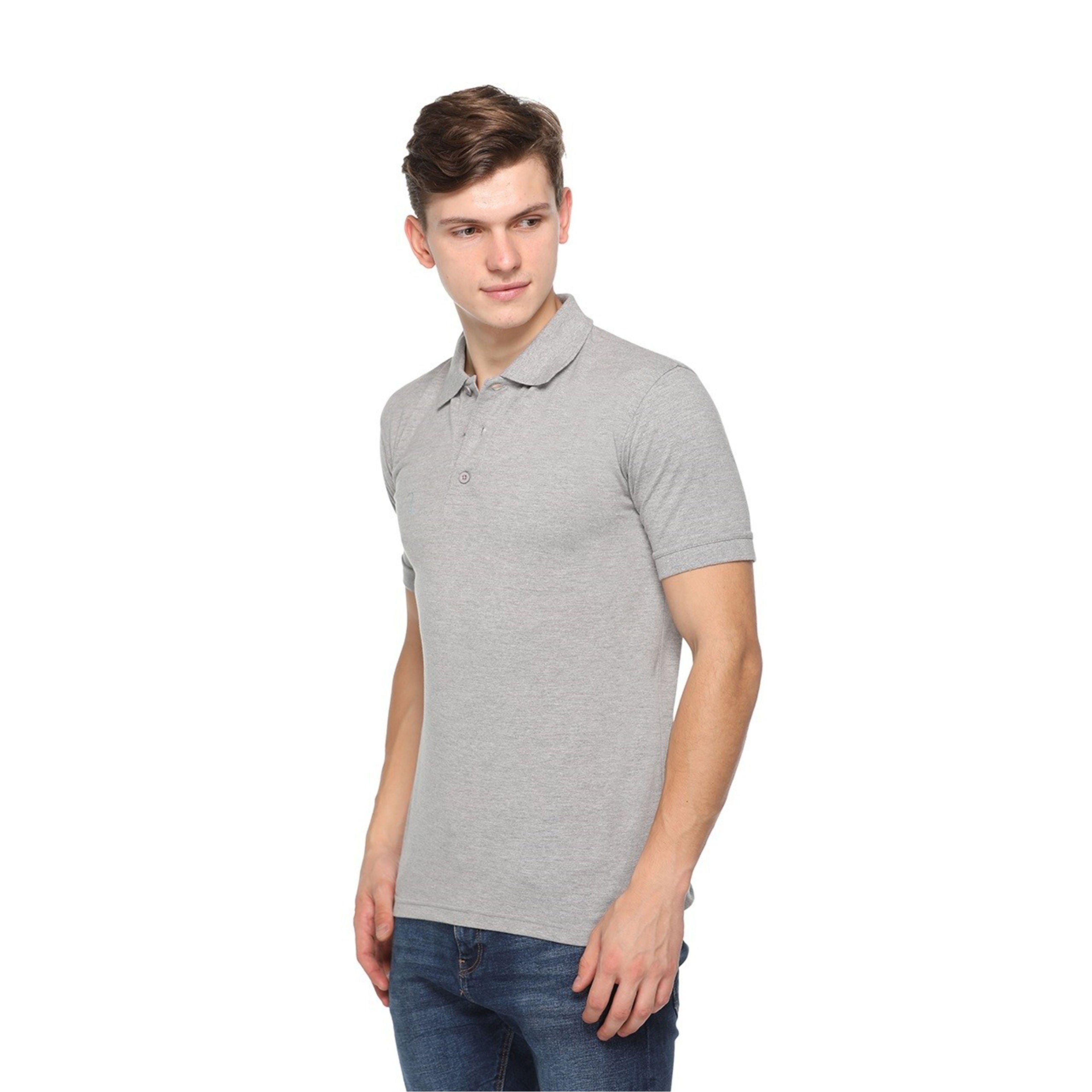 Man wearing a gray polo t shirt