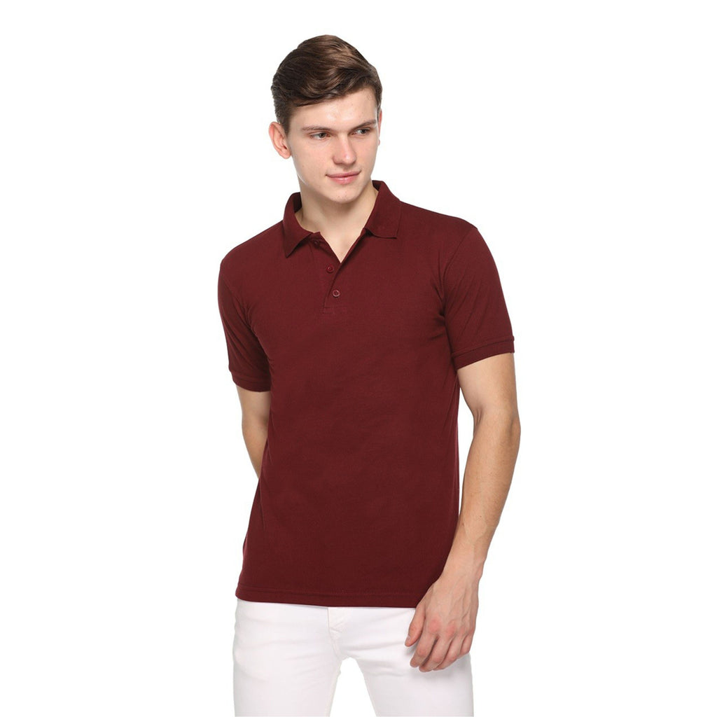Man wearing a maroon polo shirt on a white background