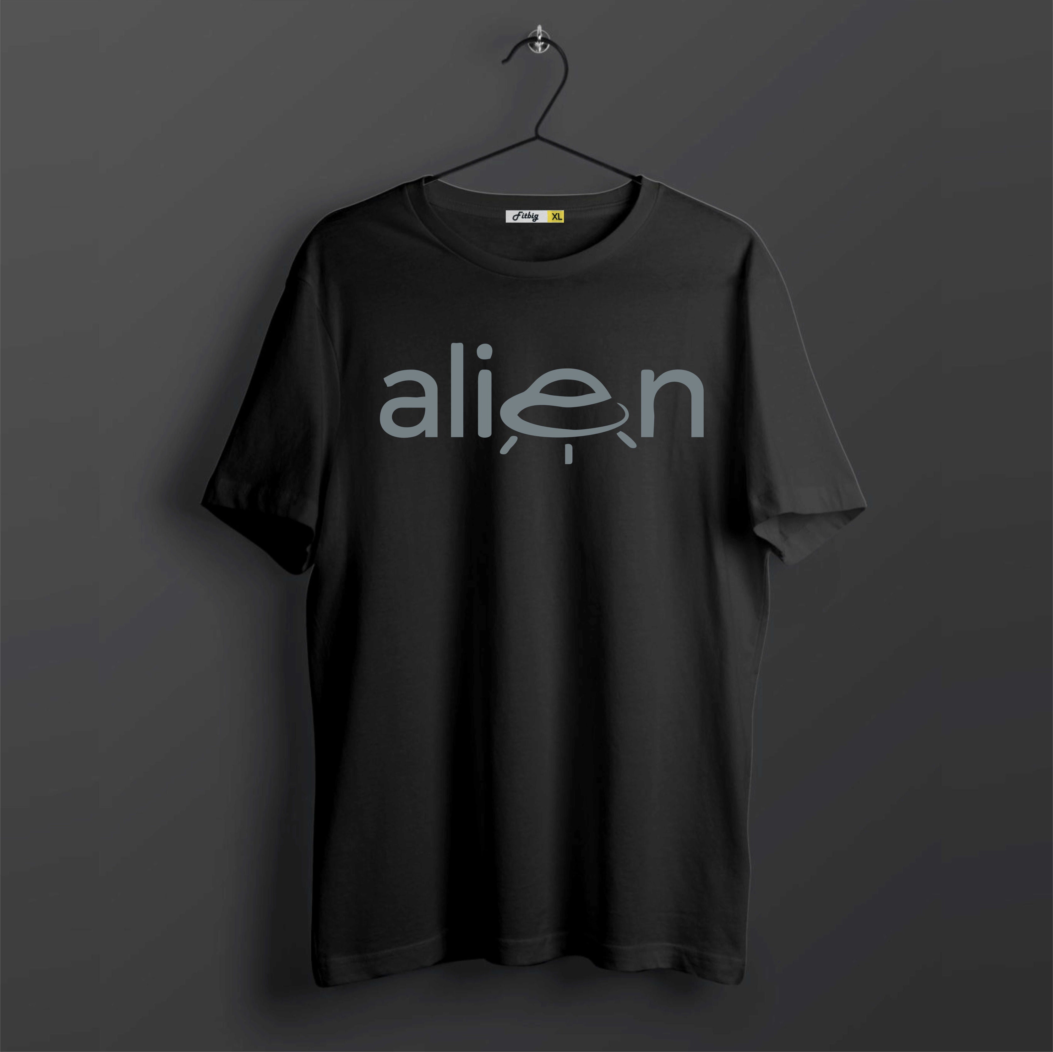 Black t-shirt with 'alien' logo on a dark background