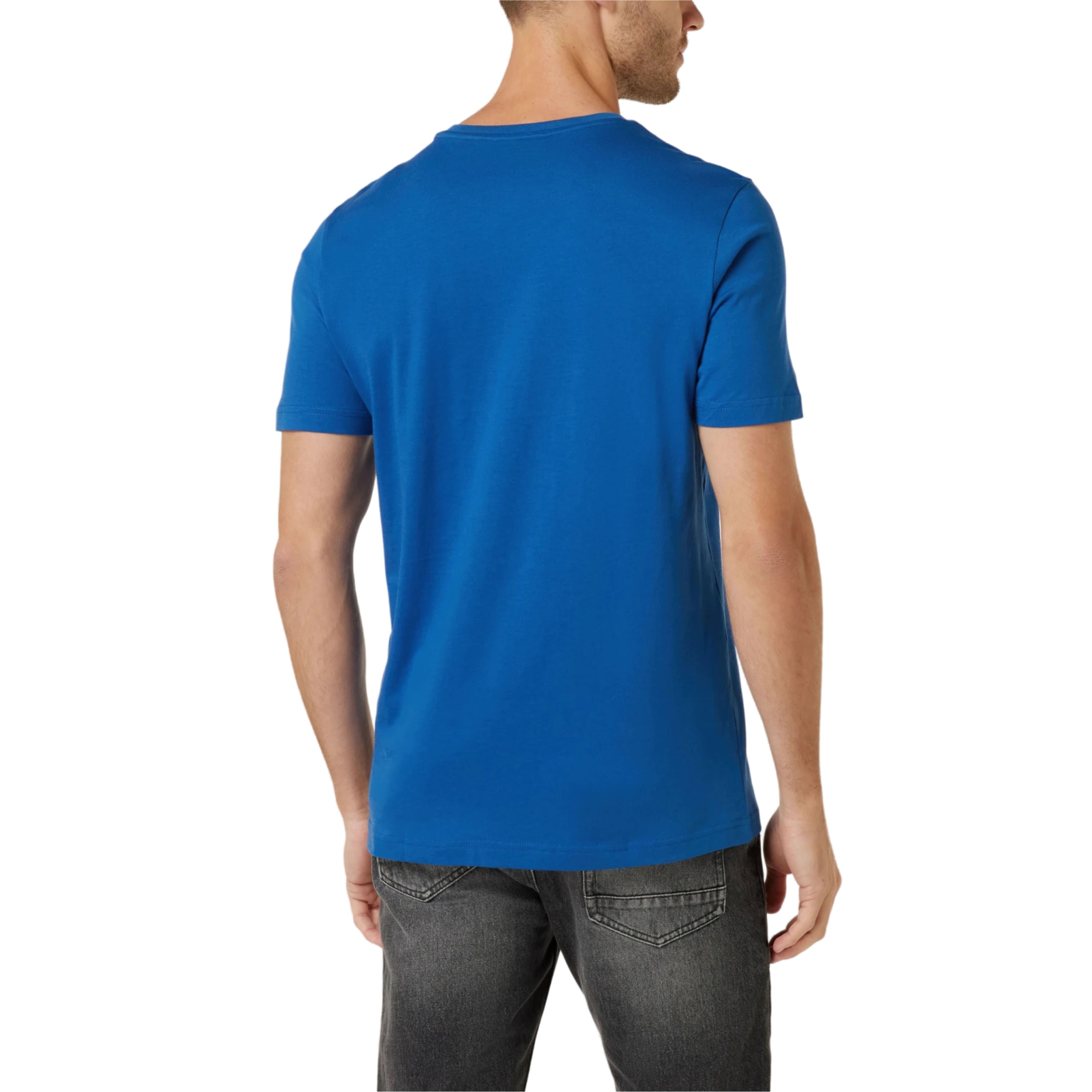 Person wearing a blue t-shirt on a white background