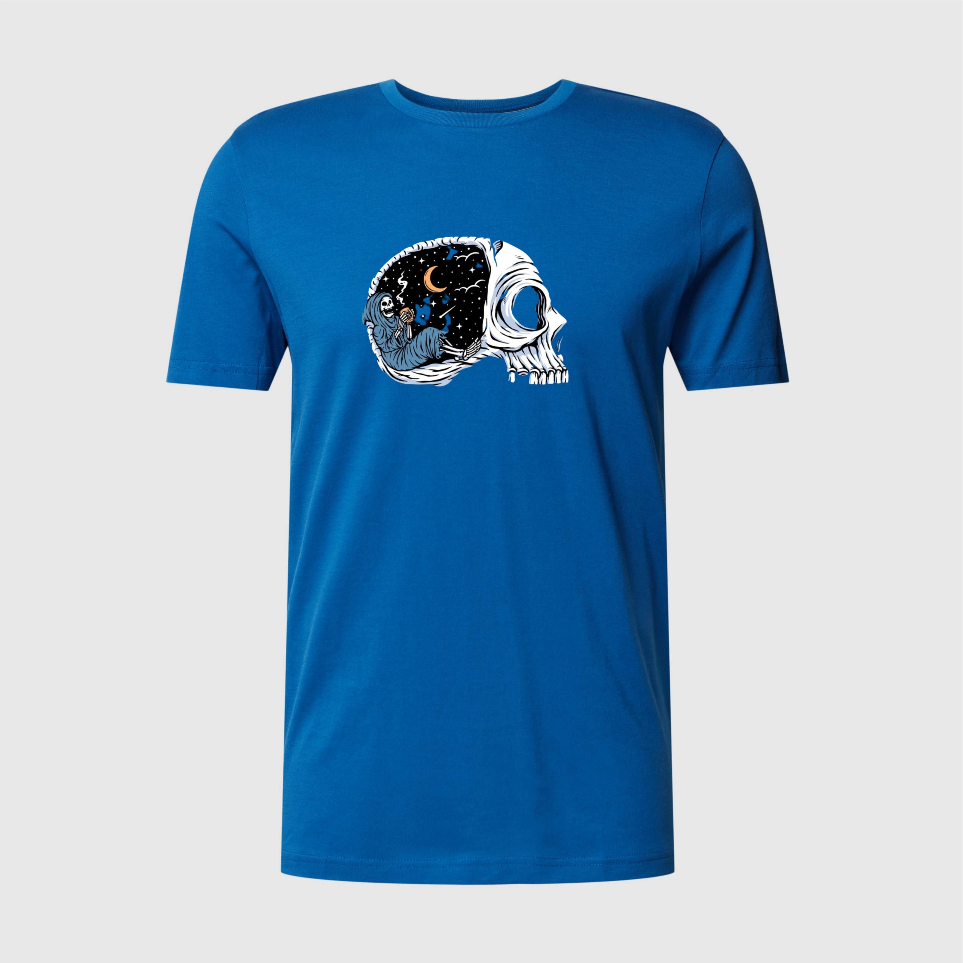 Blue t-shirt with a skull design on a gray background