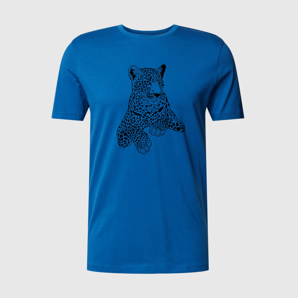 Blue t-shirt with a black panther design on a light gray background