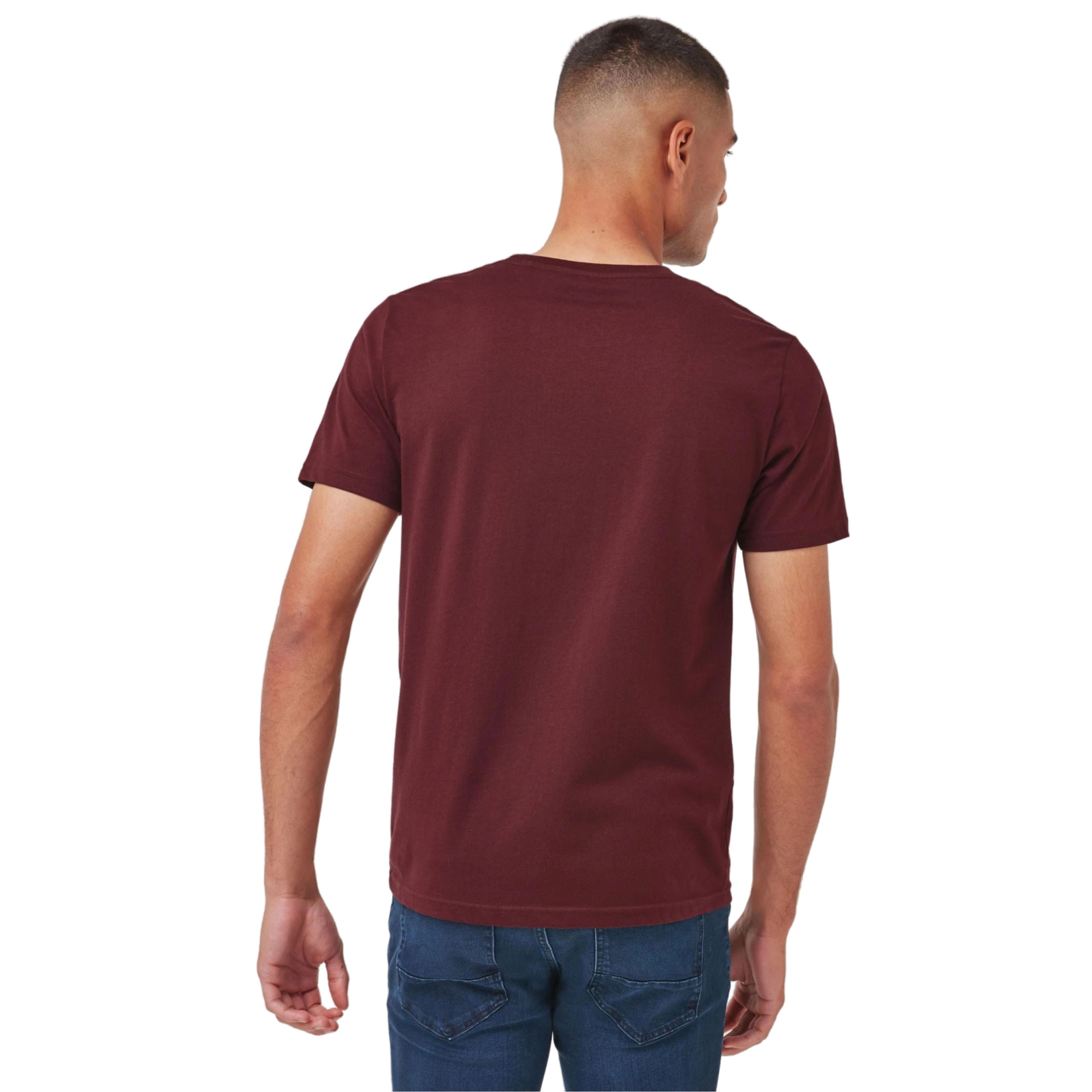 Man wearing a maroon t-shirt on a white background
