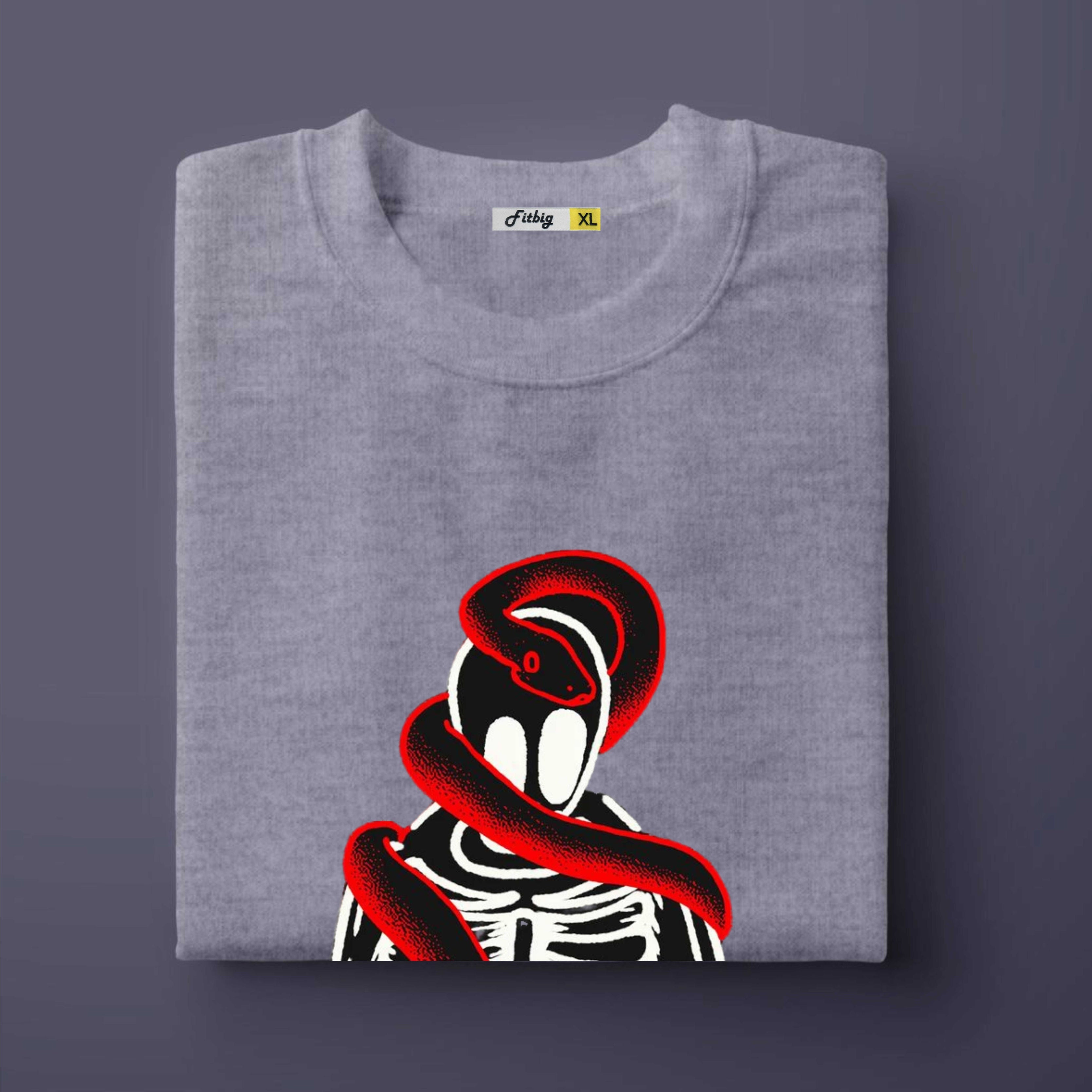 Gray t-shirt with a red and black snake design on a dark purple background
