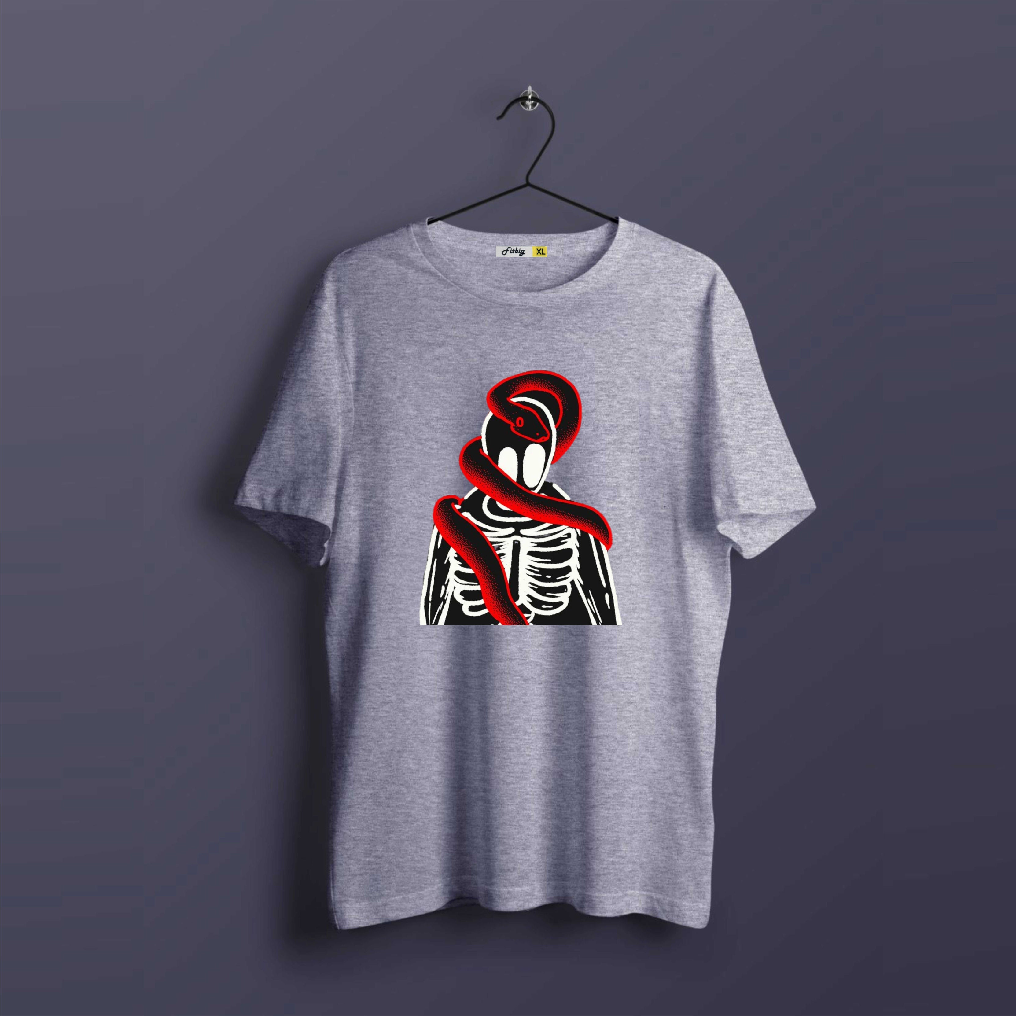 Gray t-shirt with a black and red graphic design on a dark purple background
