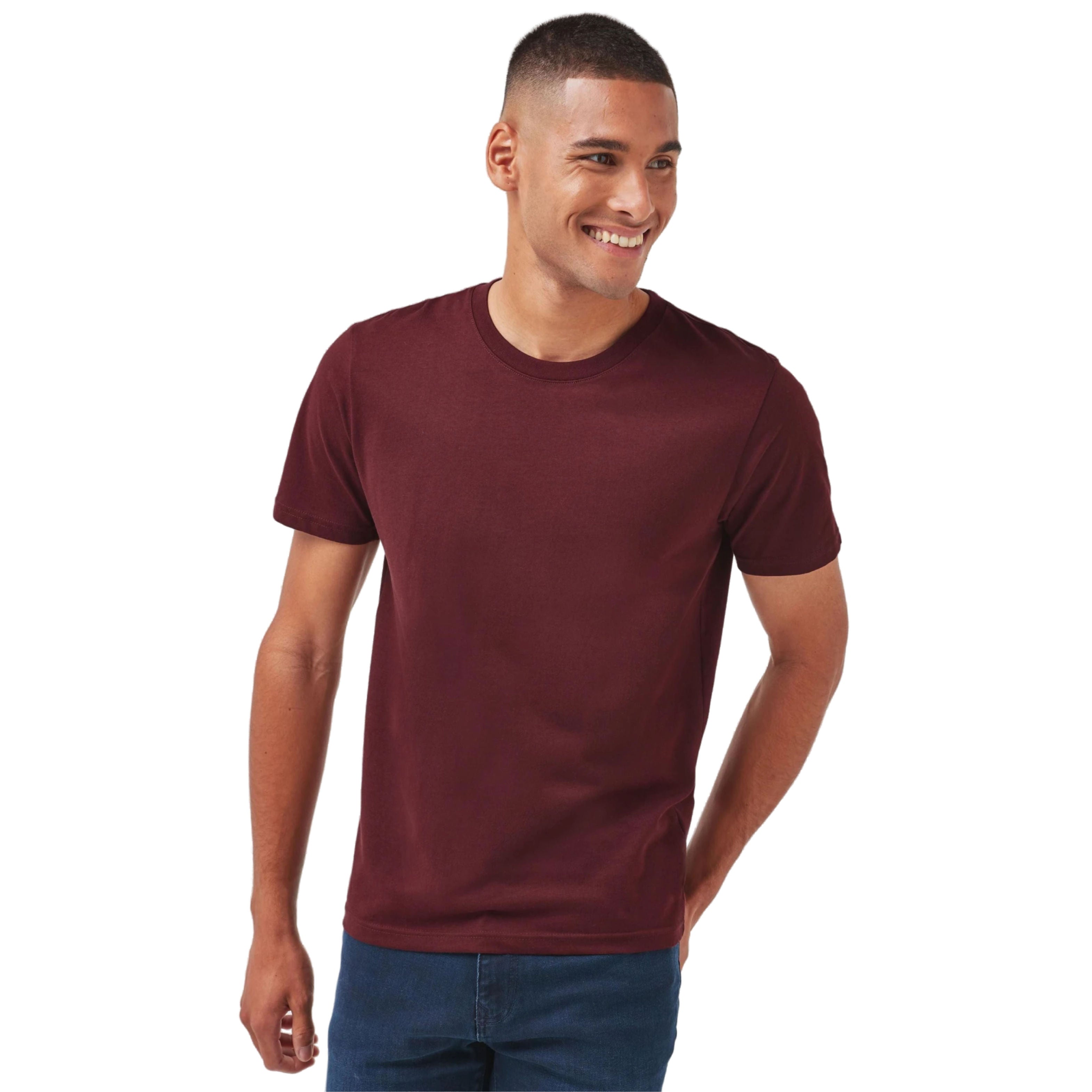Man wearing a maroon t-shirt on a white background