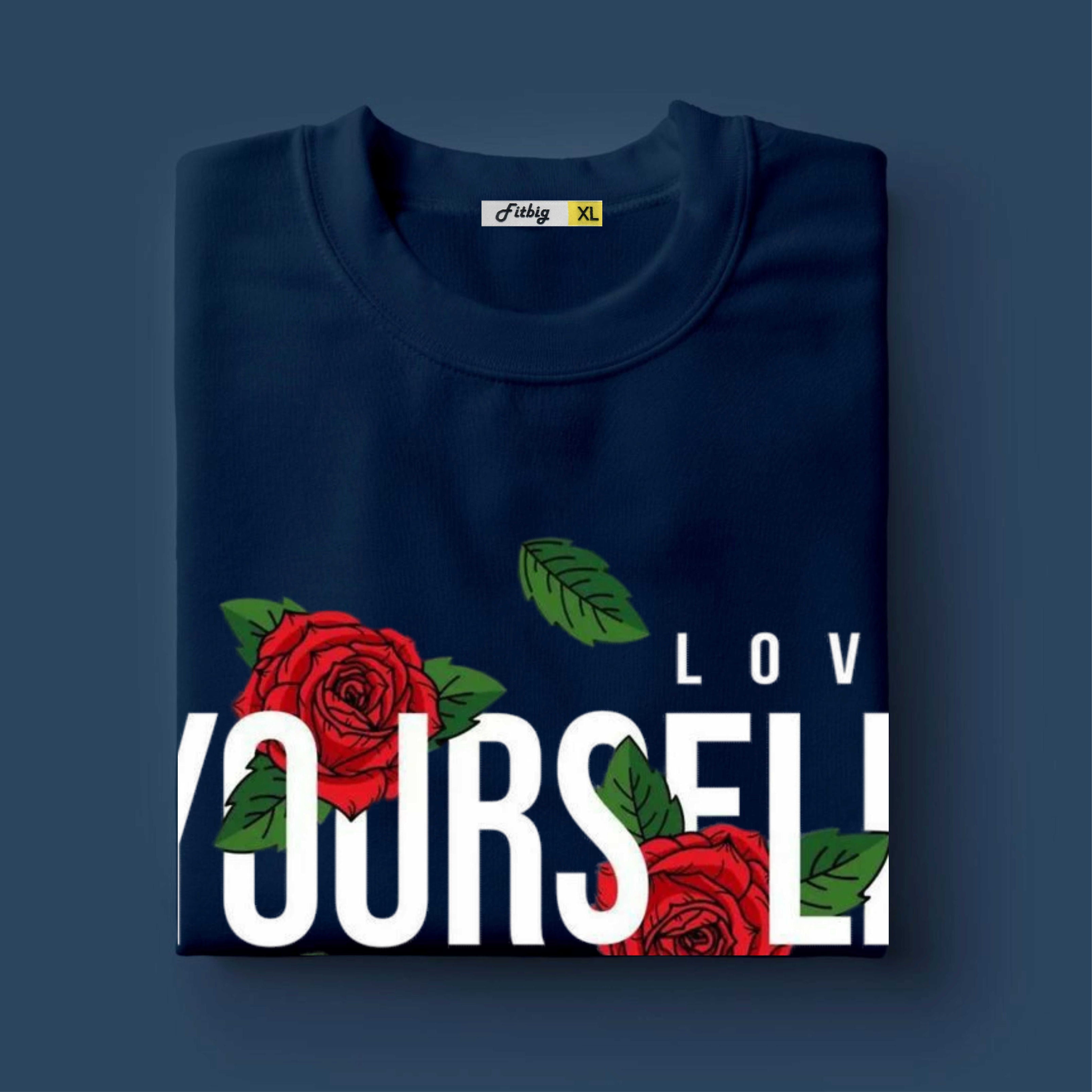Navy blue t-shirt with red roses and 'LOVE YOURSELF' text on a dark blue background