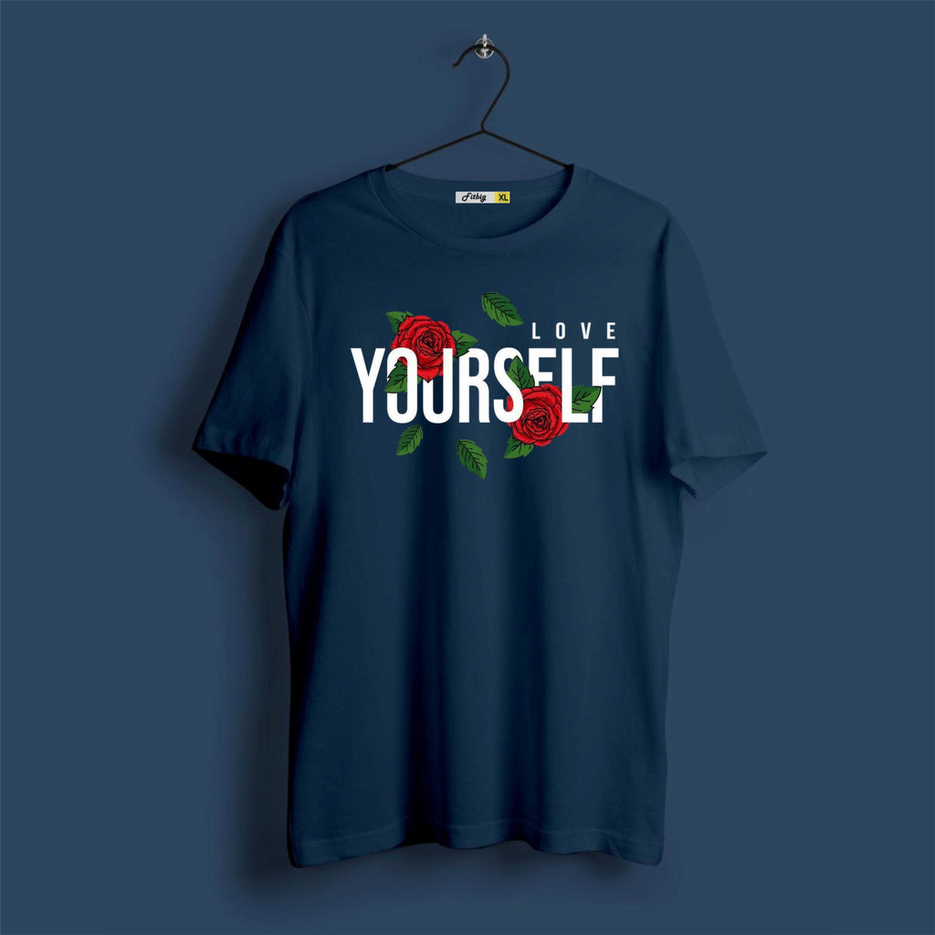 Navy blue t-shirt with 'Love Yourself' text and roses on a dark background