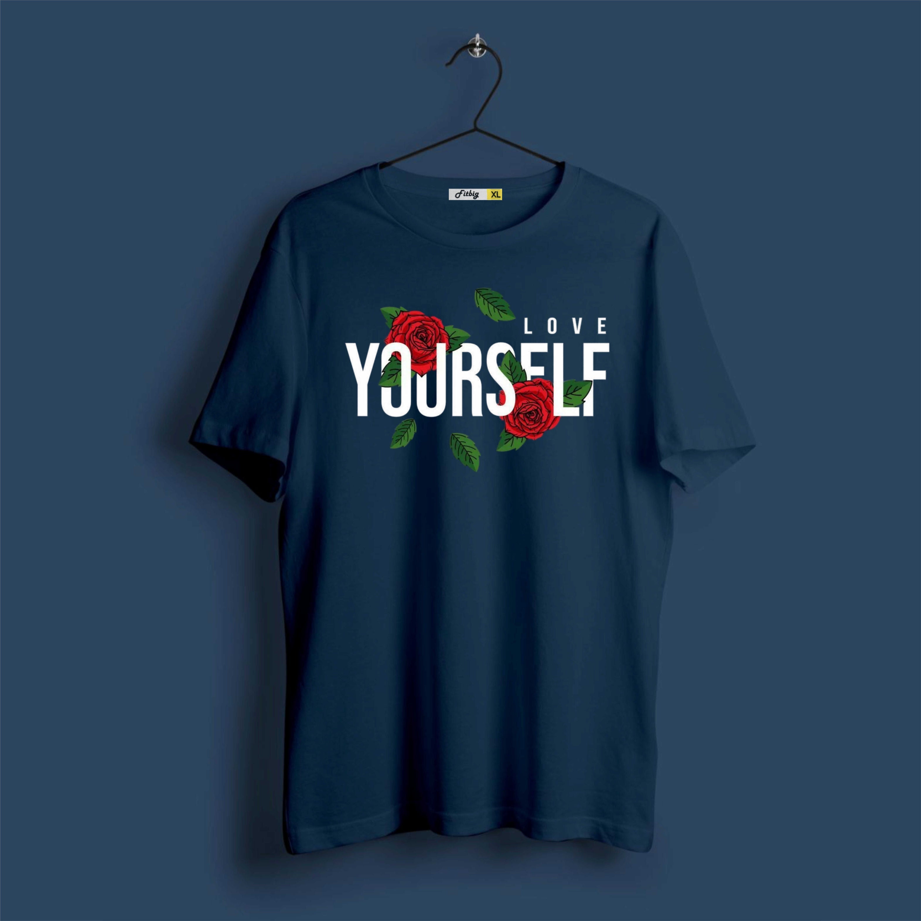 Navy blue t-shirt with 'Love Yourself' text and roses on a dark background