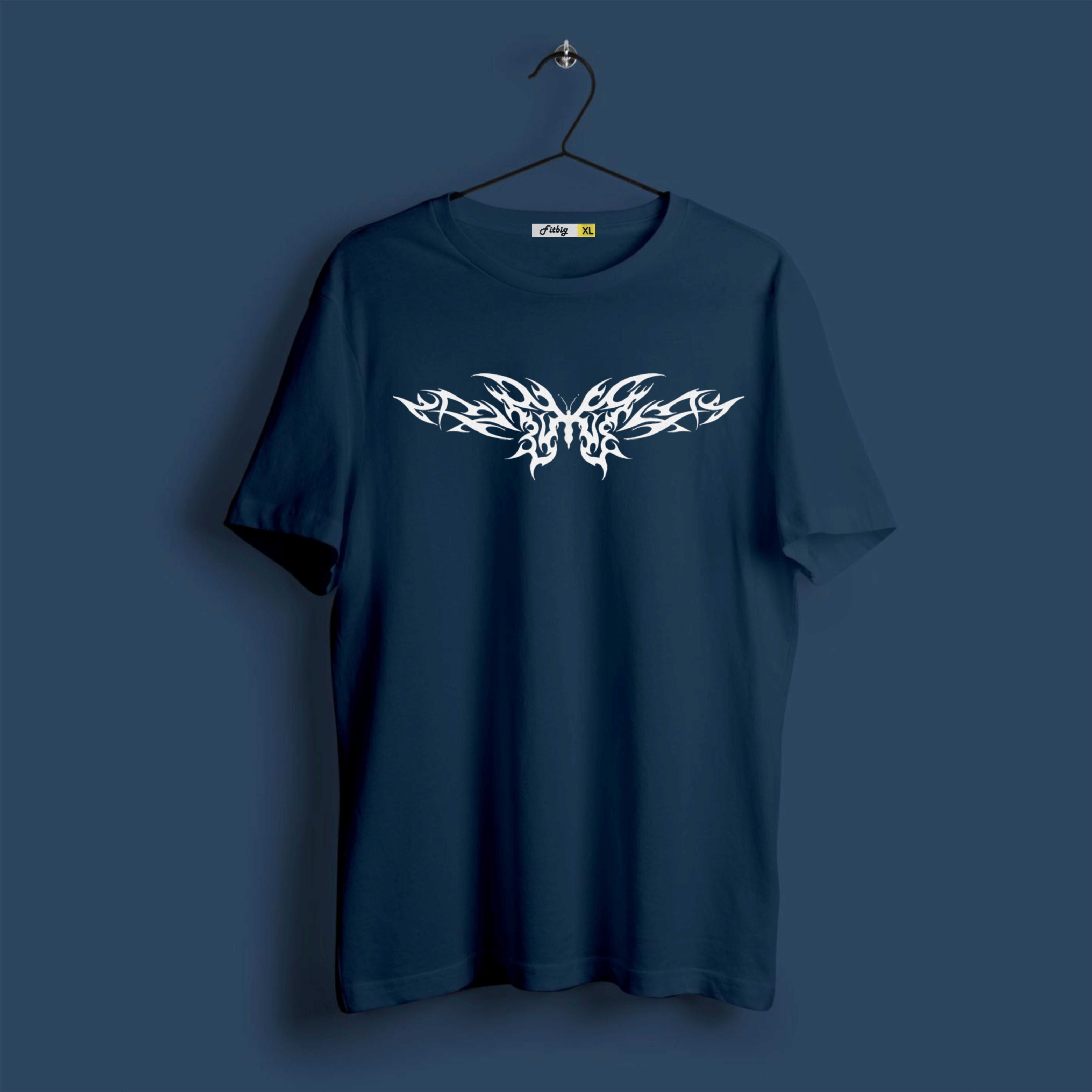 Navy blue t-shirt with white tribal design on a dark background