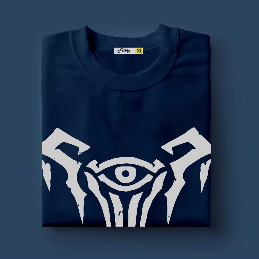 Folded navy blue sweatshirt with white graphic design on a dark blue background