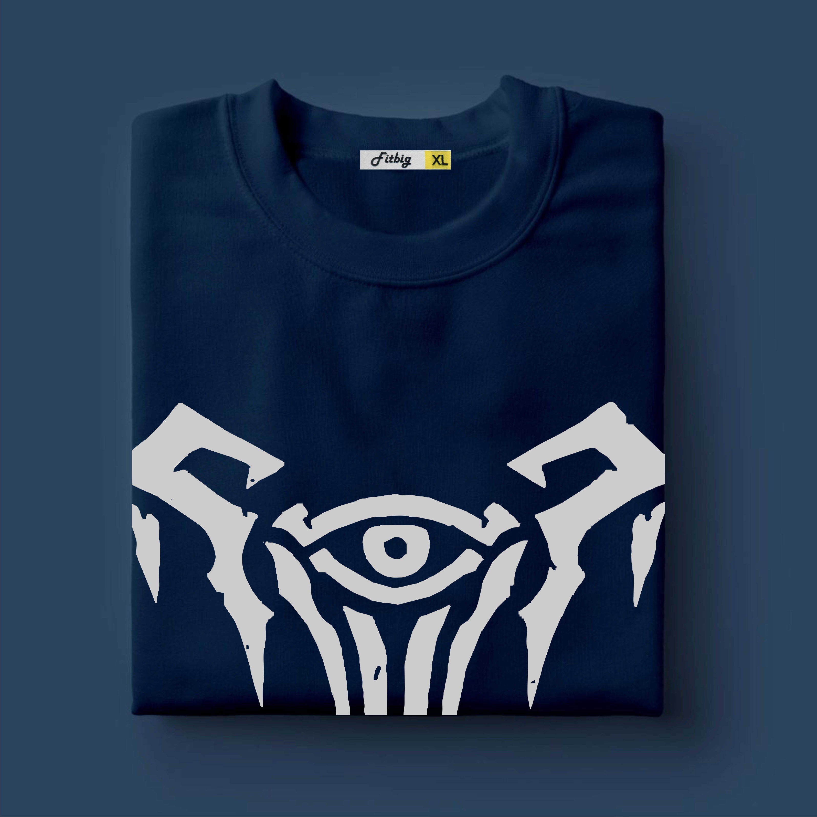 Folded navy blue sweatshirt with white graphic design on a dark blue background