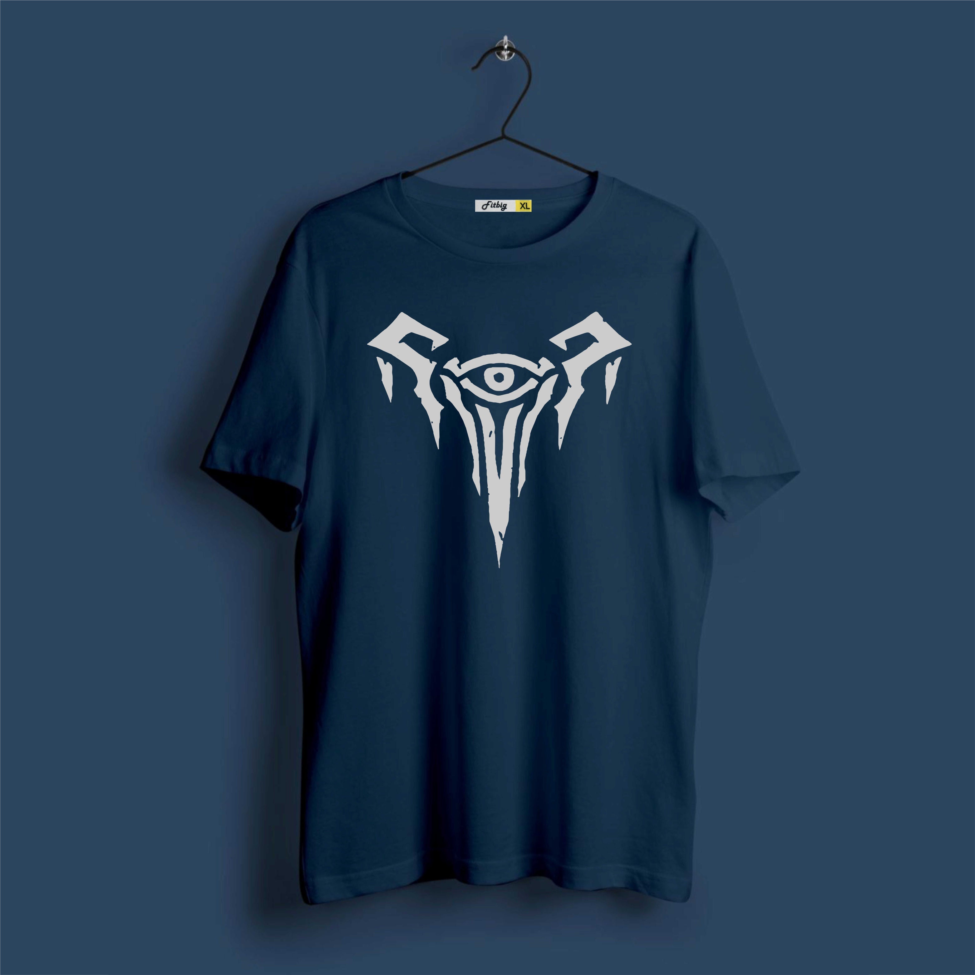 Navy blue t-shirt with a white tribal design on a dark blue background