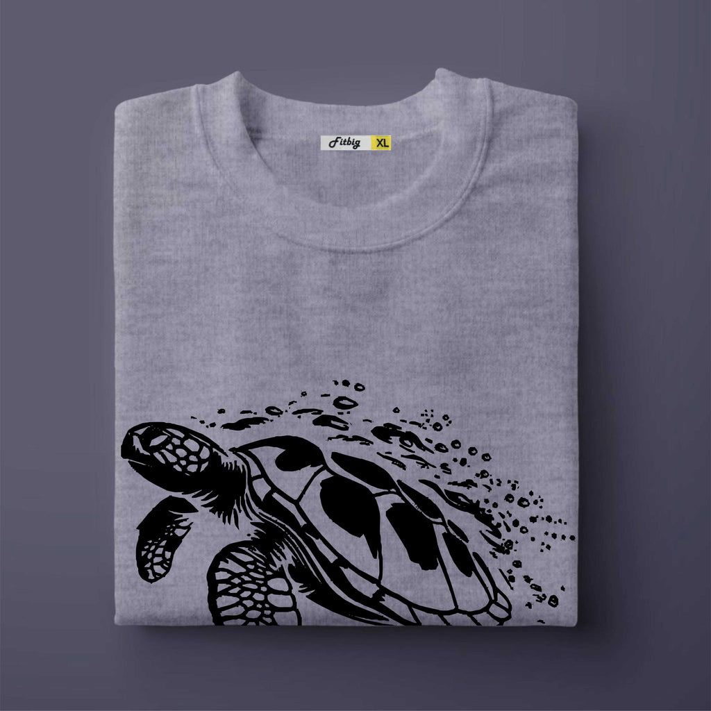 Gray t-shirt with a black turtle design on a dark gray background