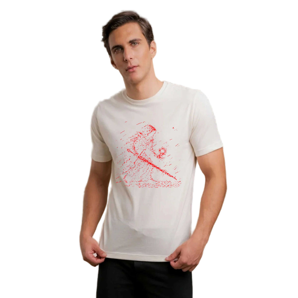 Man wearing a white t-shirt with a red graphic design on a white background