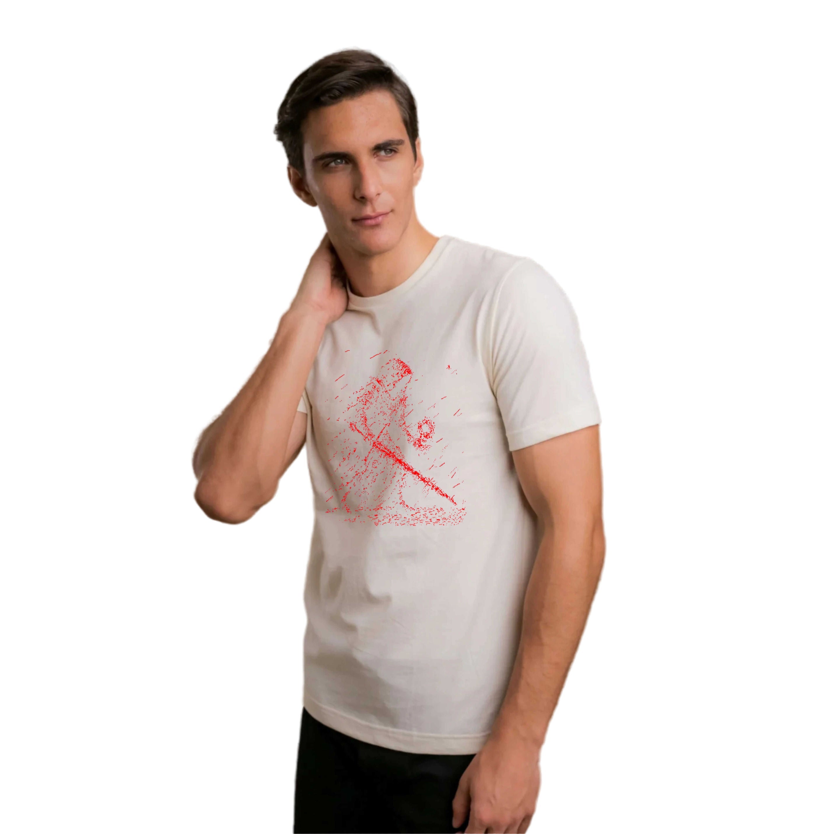 Man wearing a white t-shirt with a red graphic design on a white background