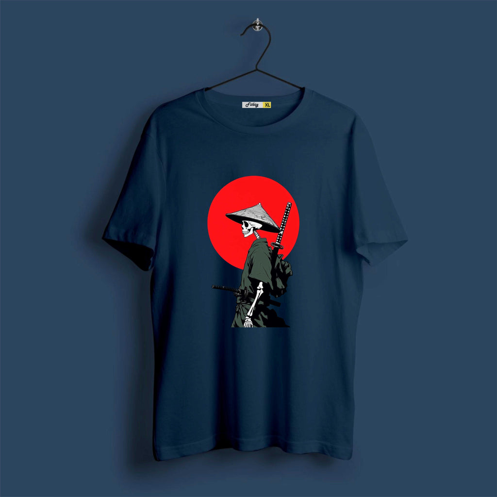 Navy blue t-shirt with a graphic design of a skeleton samurai on a red circle background, hanging against a dark blue background.