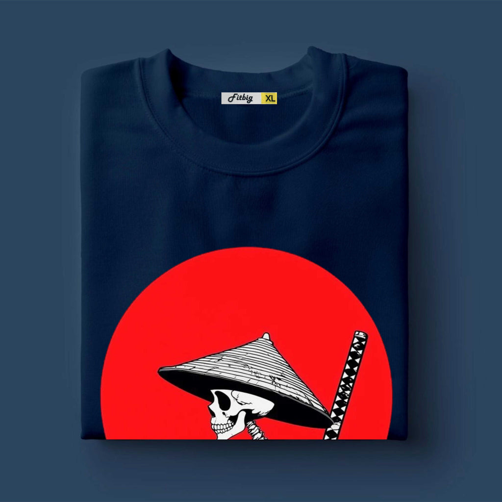 Navy blue t-shirt with a graphic design of a skull wearing a conical hat and holding a sword against a red sun on a dark blue background.