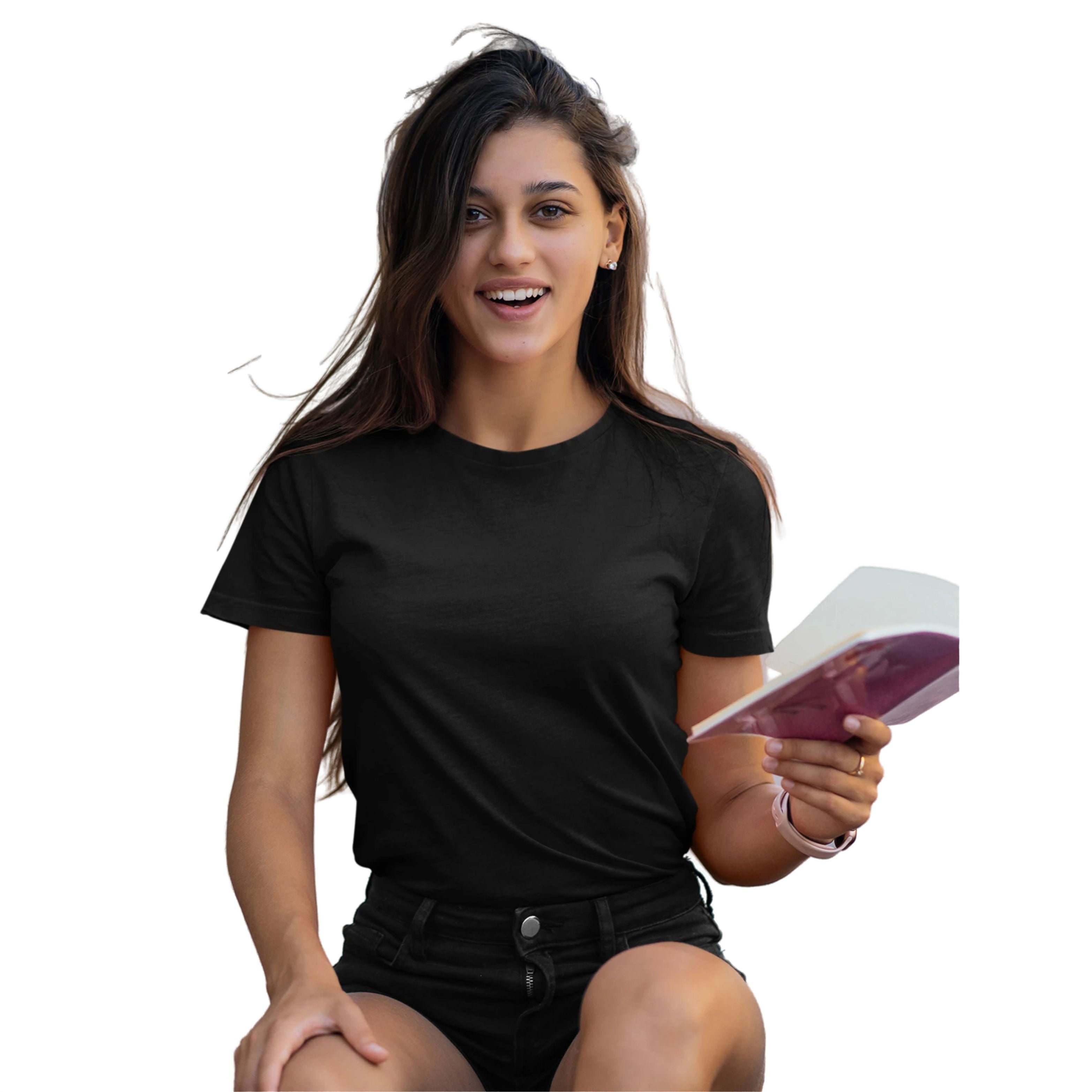 Woman wearing a black t-shirt holding a product on a white background