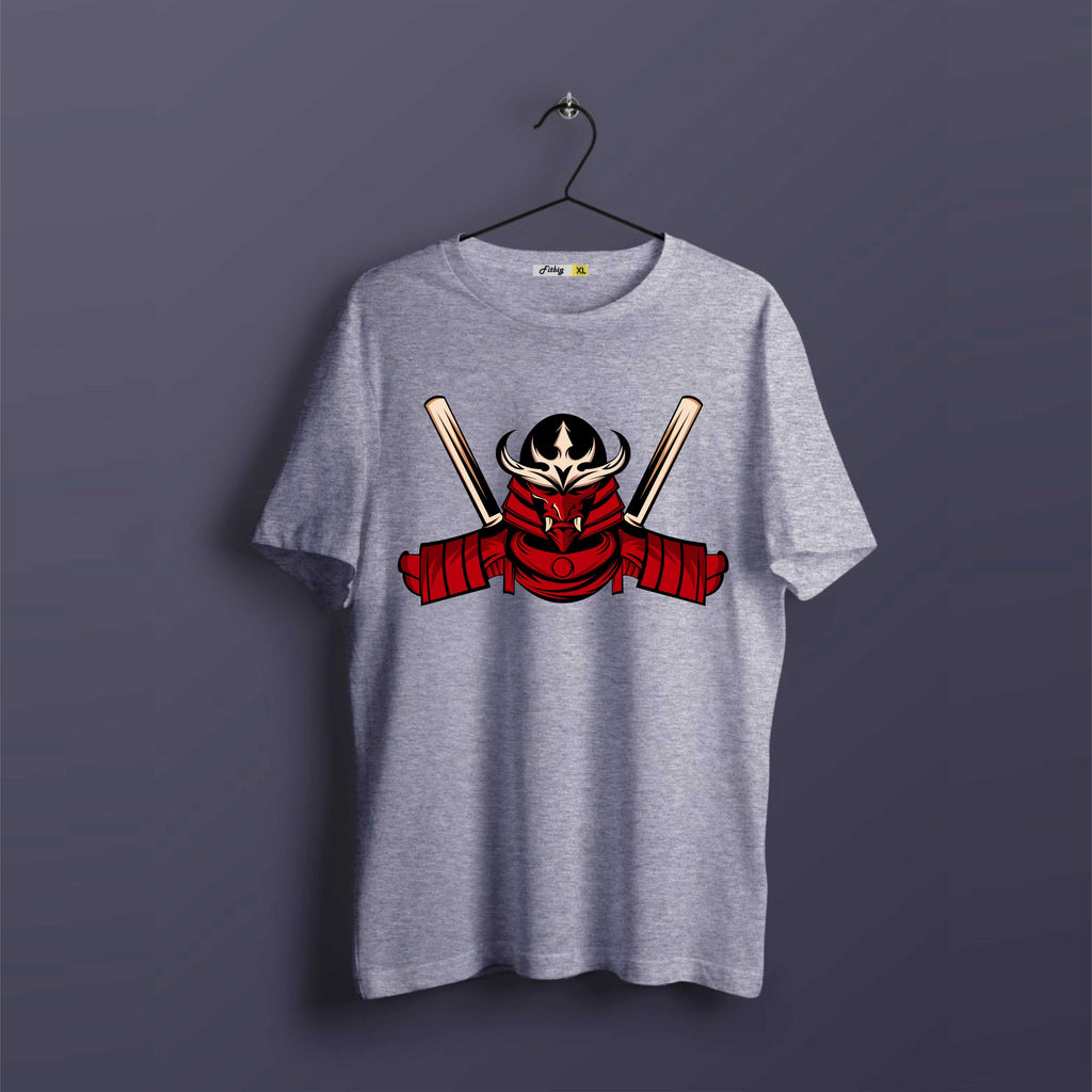 Gray t-shirt with a red and black samurai helmet design on a dark background