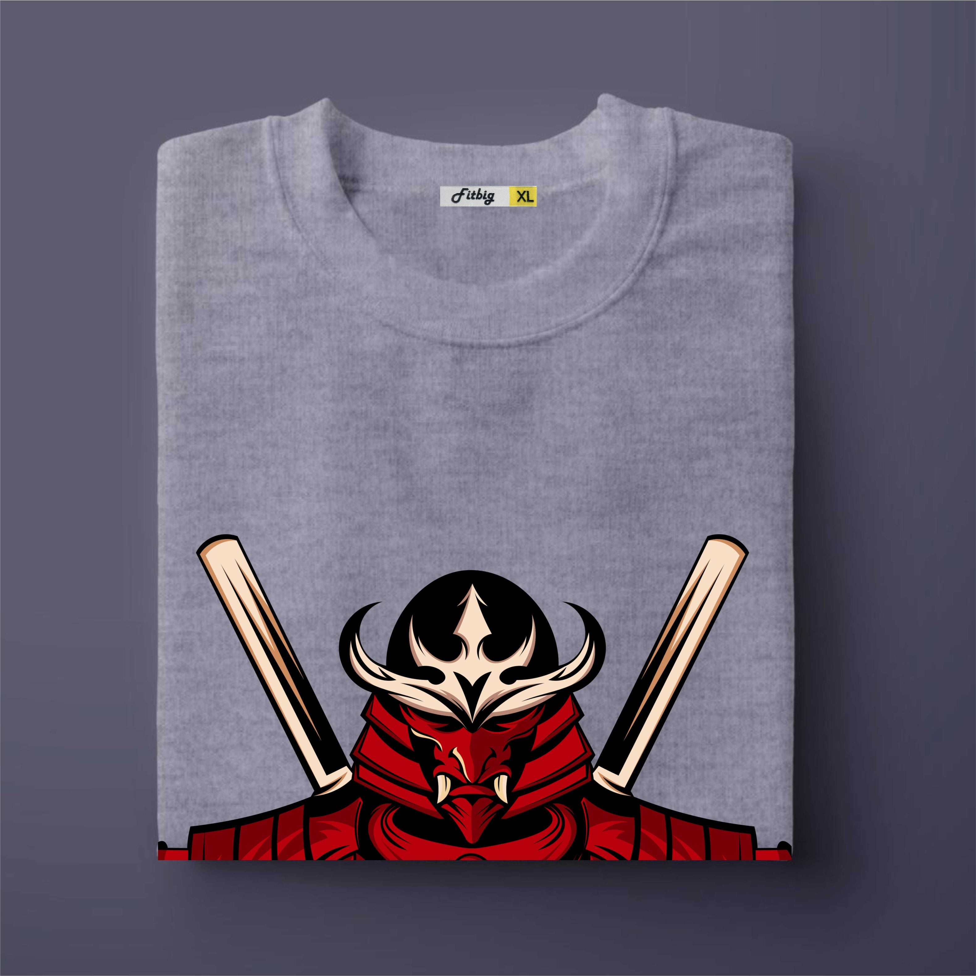 Gray t-shirt with a graphic design of a character in red armor holding two swords on a dark gray background.