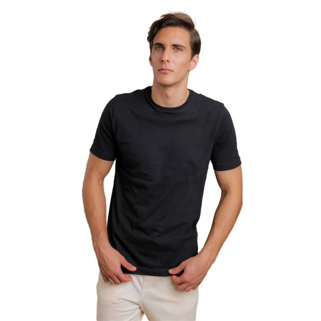 Man wearing a black t-shirt on a white background