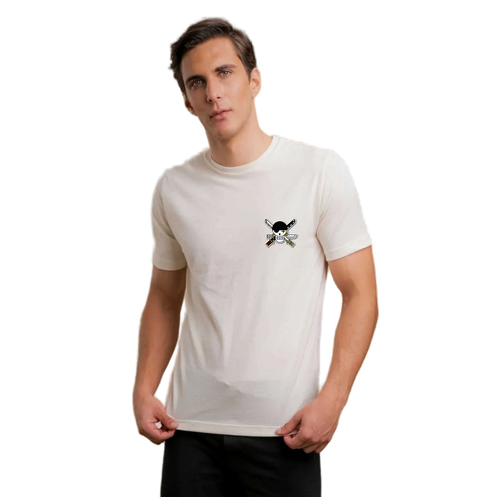 Man wearing a white t-shirt with a black and gray design on a white background
