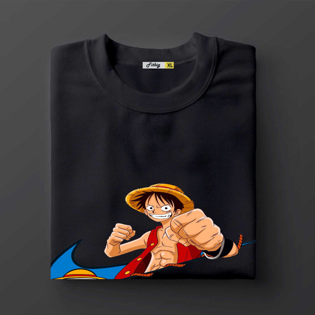 Black t-shirt with a character design on a dark background