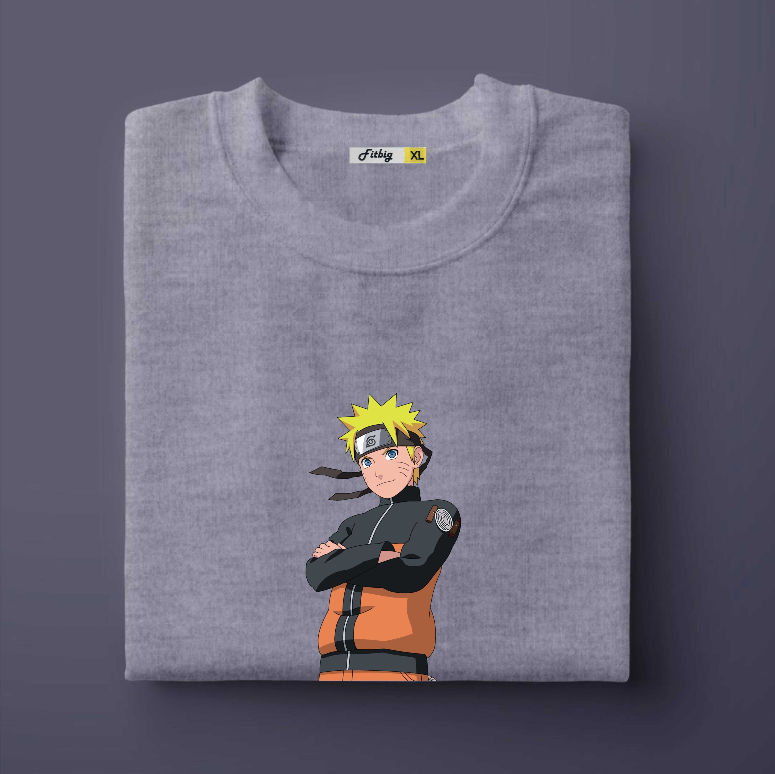 Gray t-shirt with a character design on a dark purple background