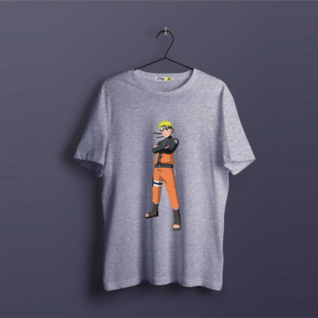 Gray t-shirt with a character design on a dark purple background