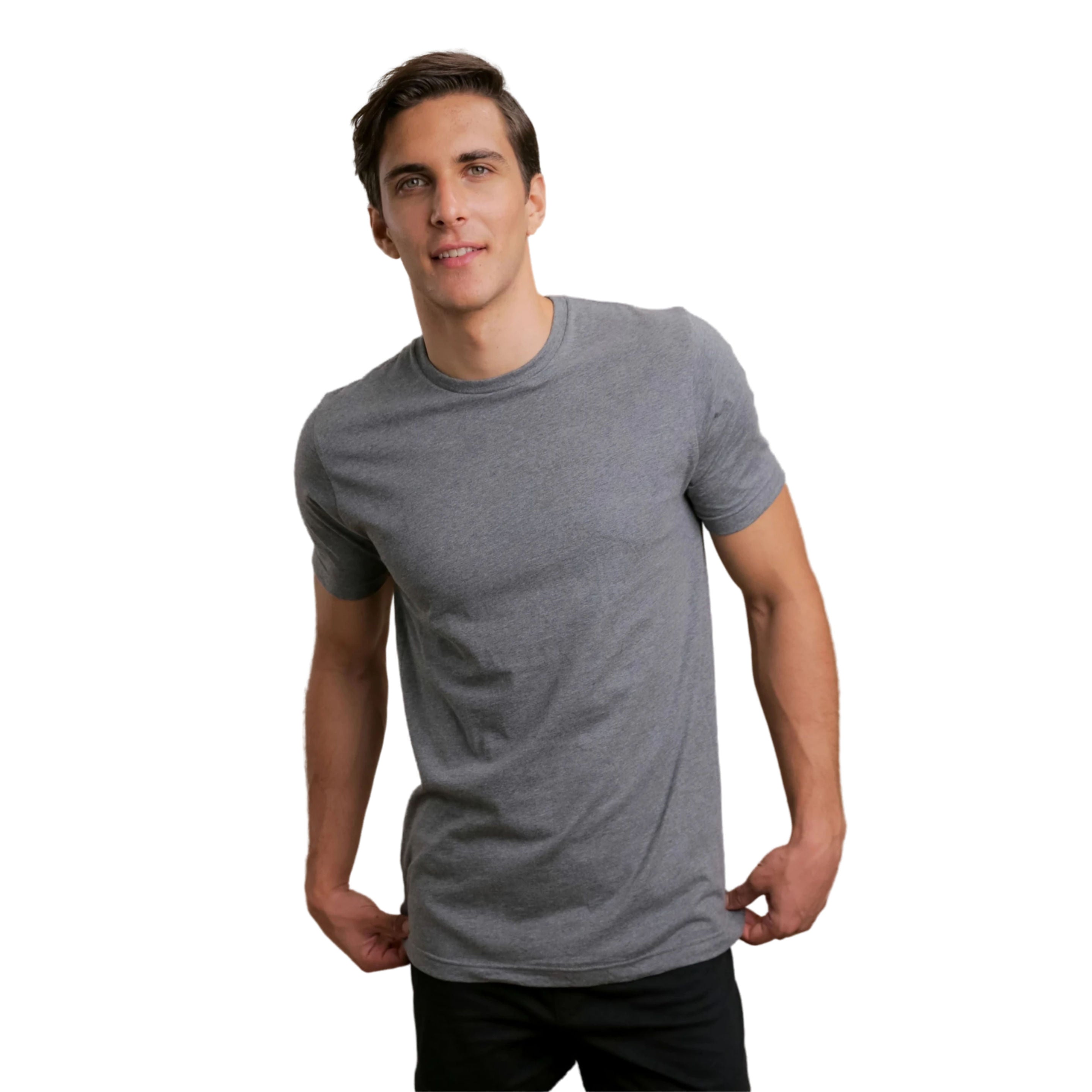 Man wearing a gray t-shirt on a white background