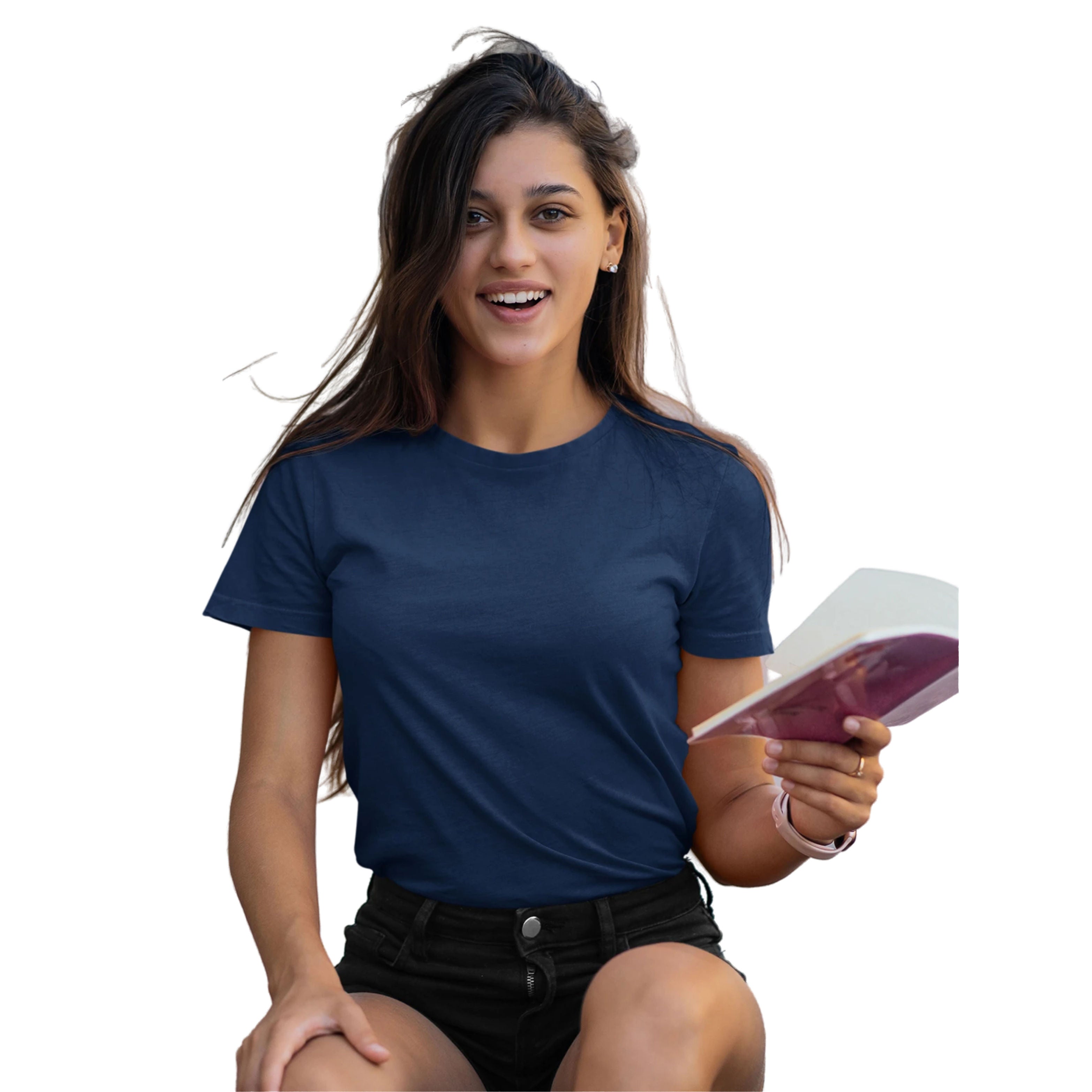 Woman wearing a blue t-shirt holding a product on a white background