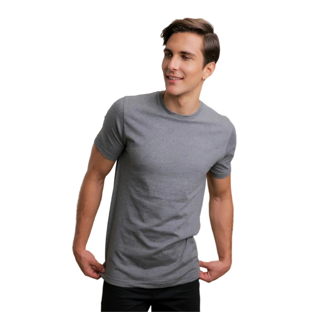 Man wearing a gray t-shirt on a white background