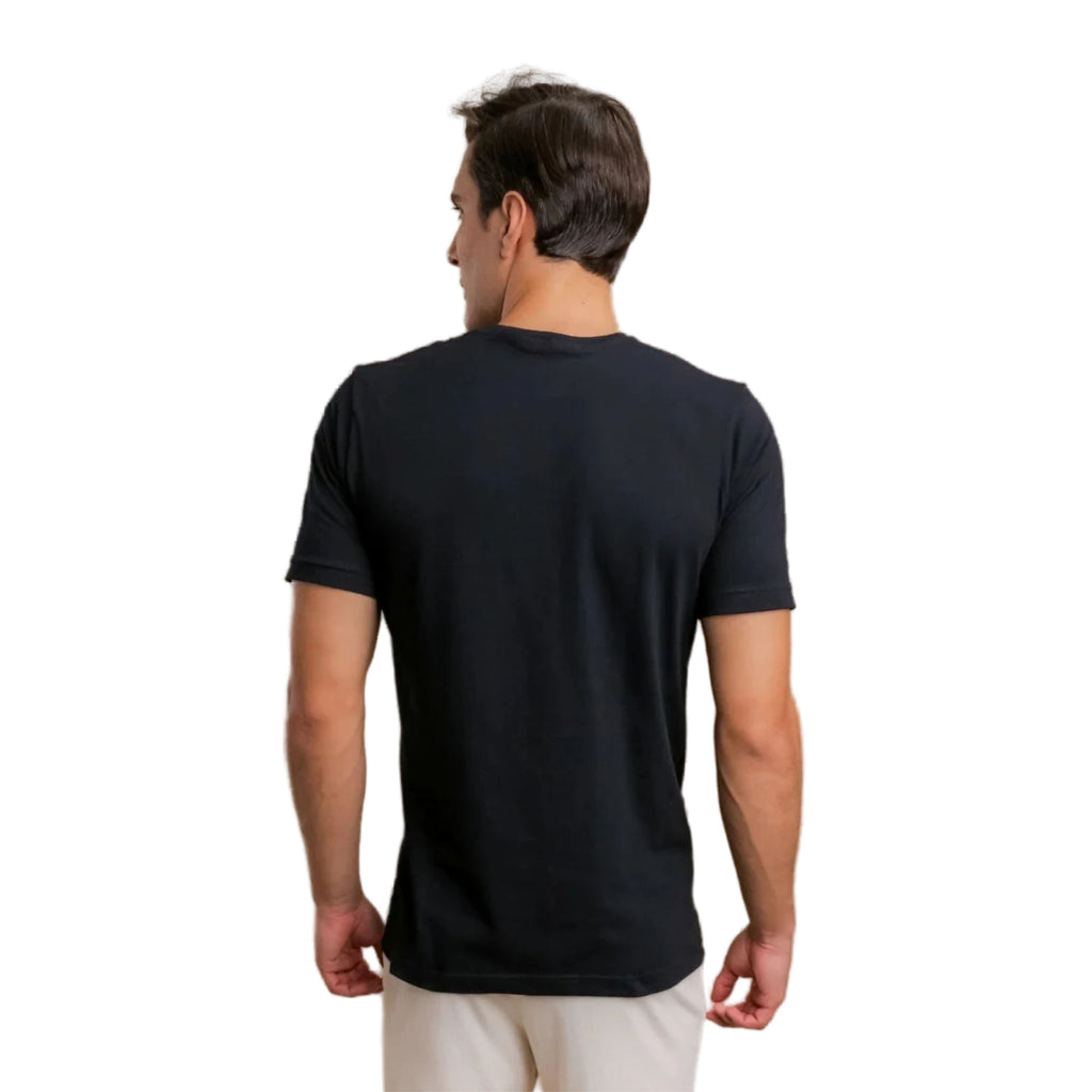 Man wearing a black t-shirt on a white background