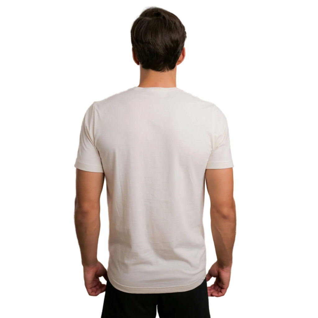 Man wearing a plain white t-shirt on a white background