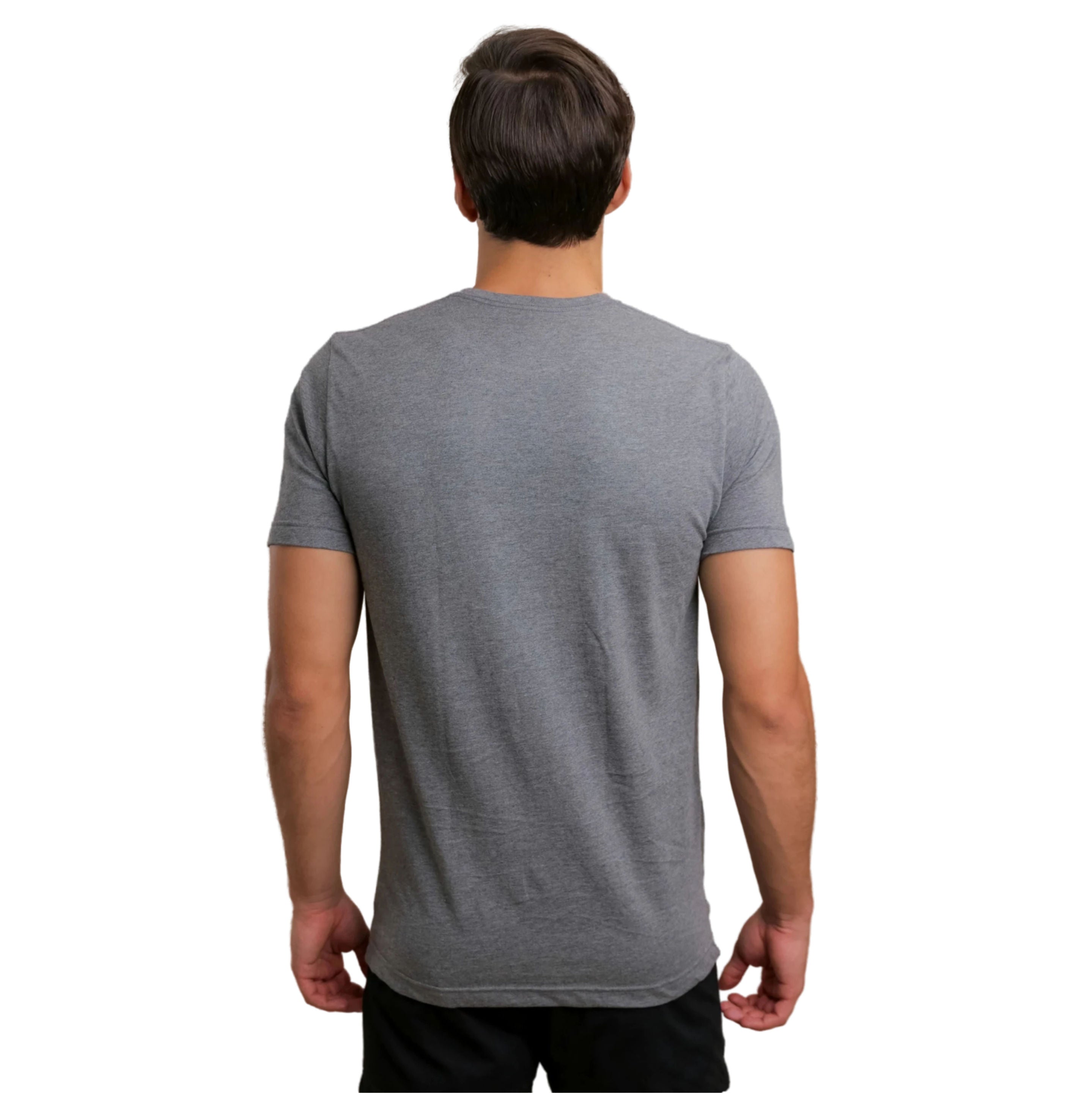 Man wearing a gray t-shirt on a white background