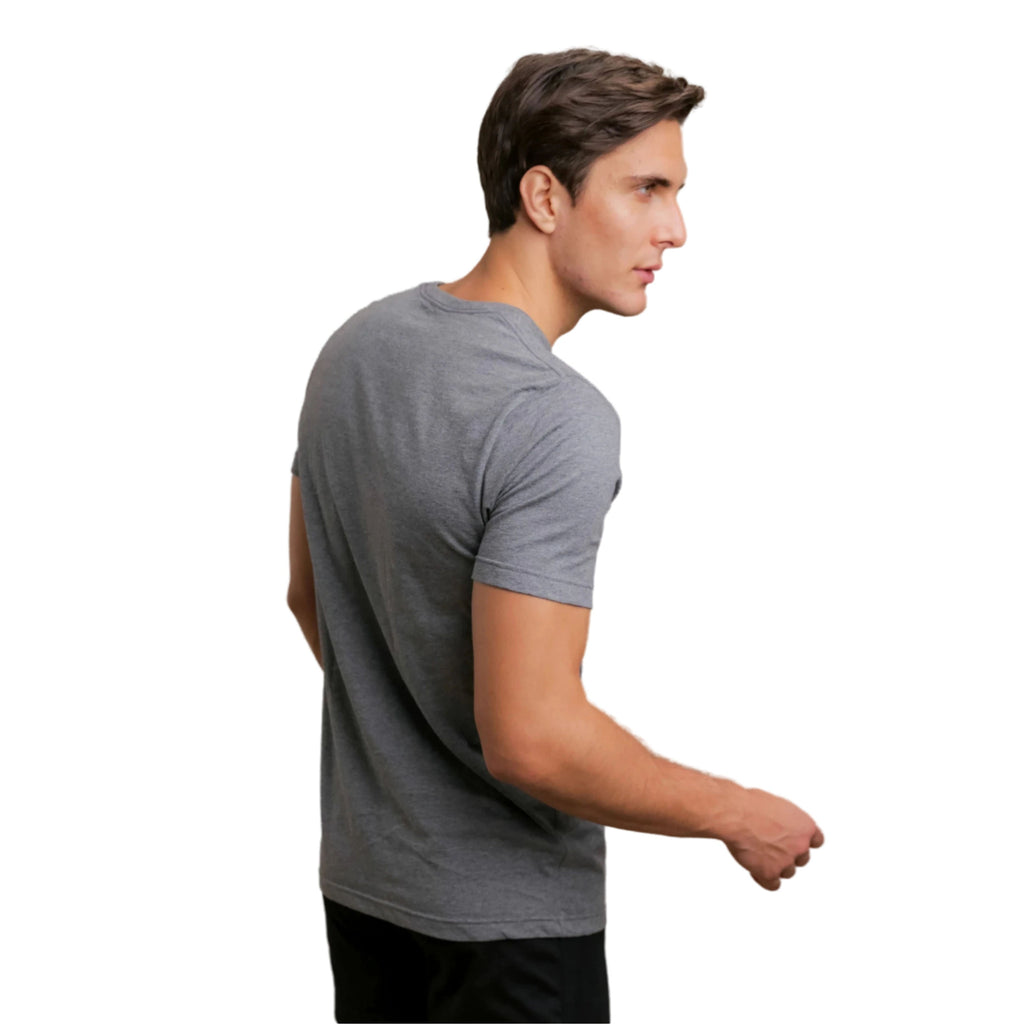 Man wearing a gray t-shirt on a white background