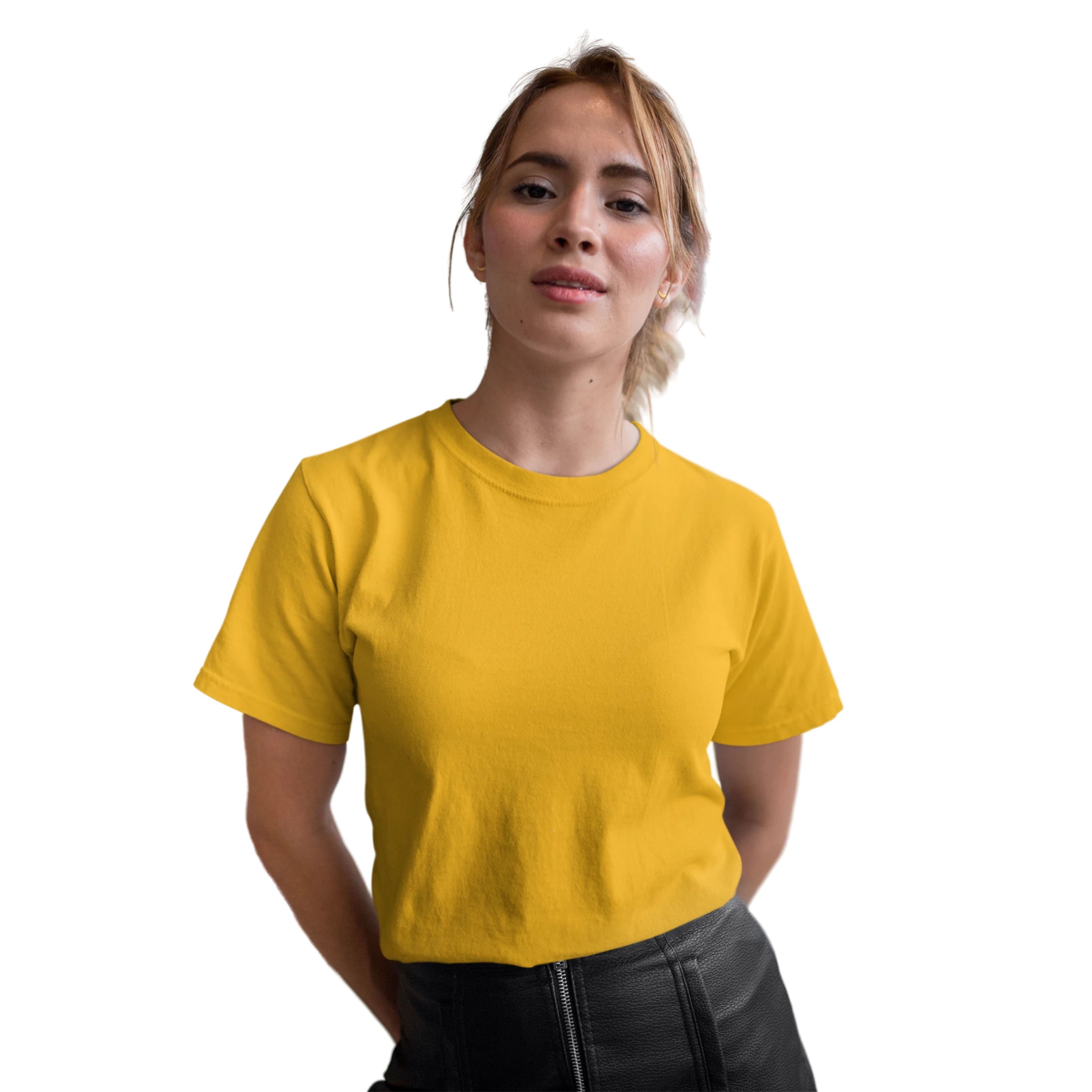 Women wearing a yellow t-shirt on a white background