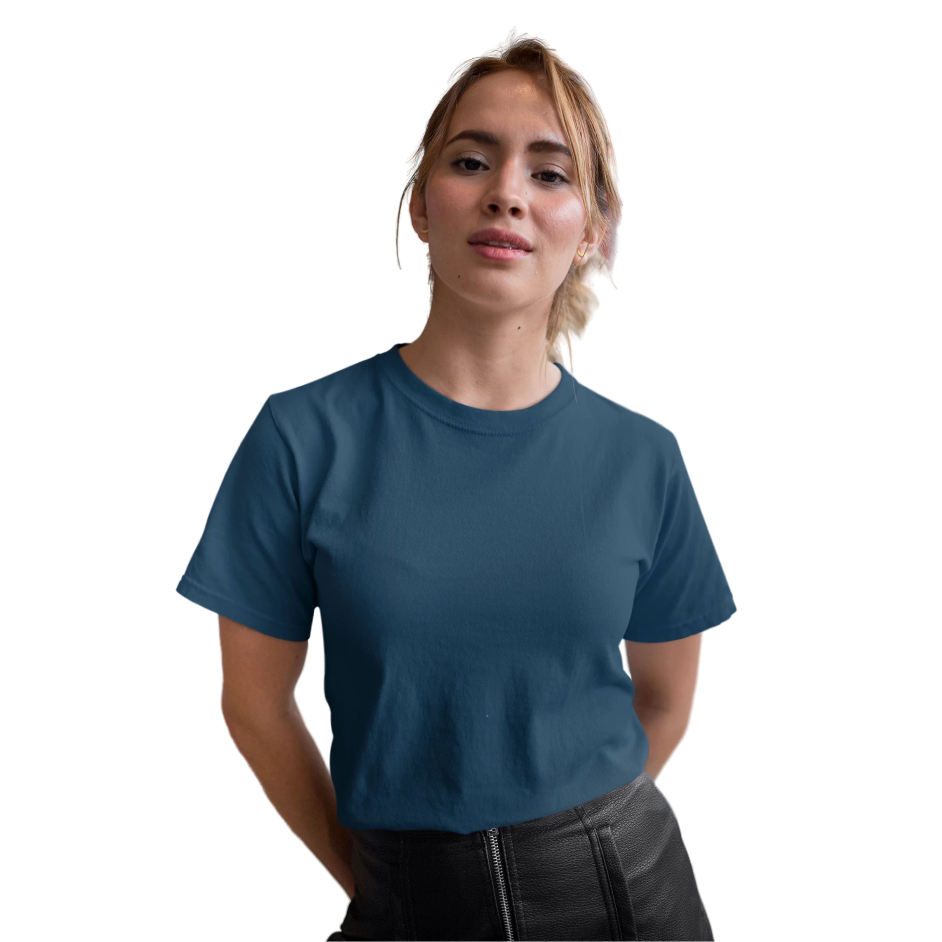 Person wearing a blue t-shirt on a white background