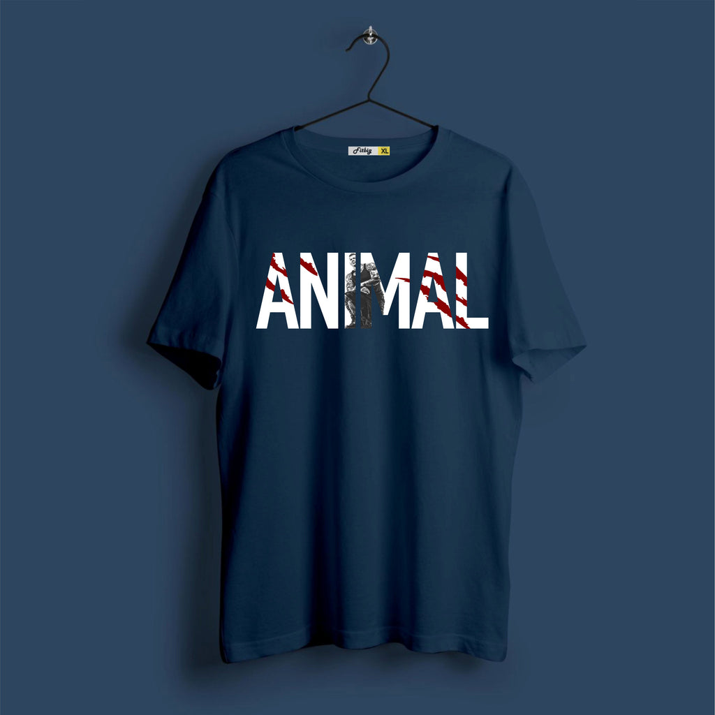 Navy blue t-shirt with 'ANIMAL' graphic on a dark background