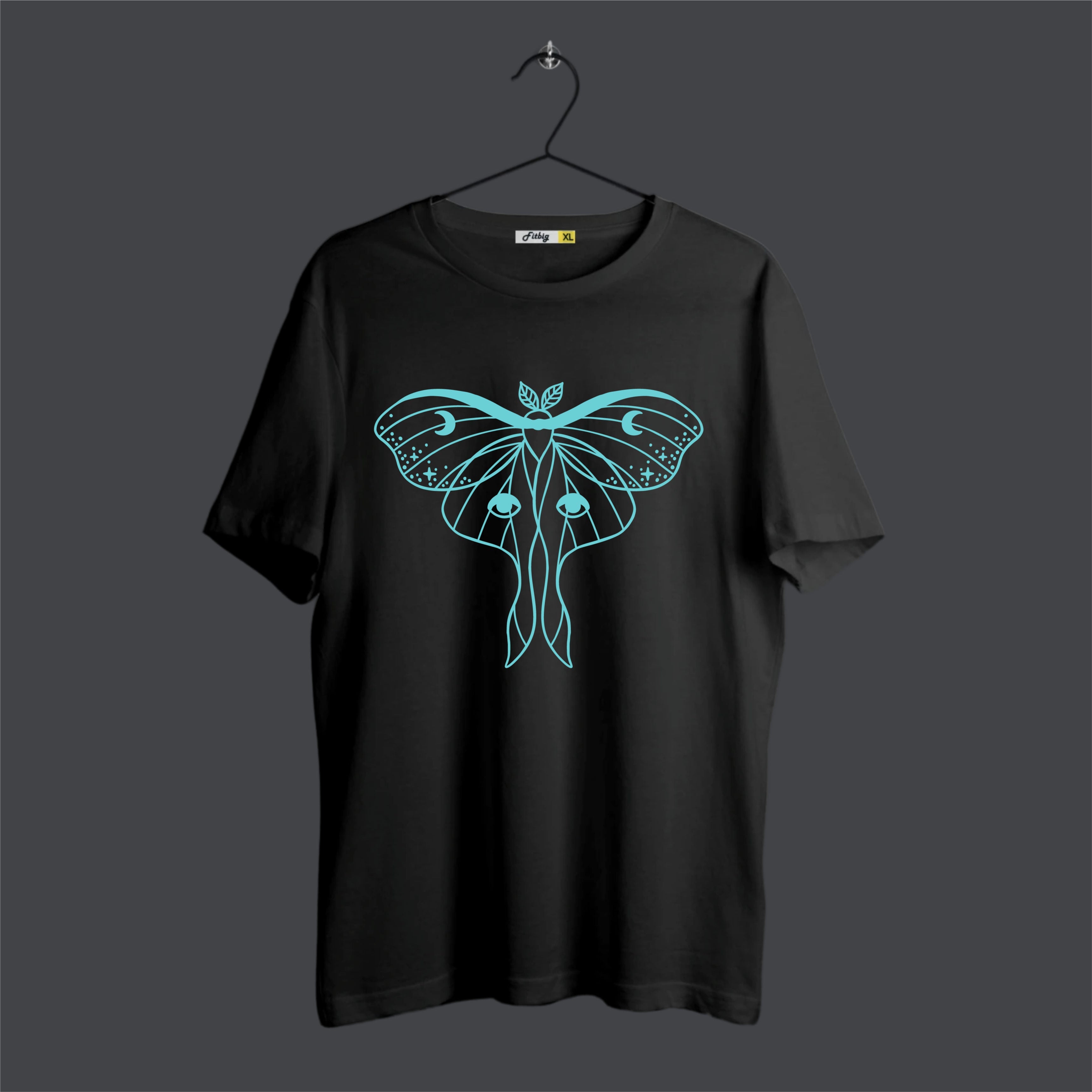 Black t-shirt with a blue butterfly design on a dark gray background
