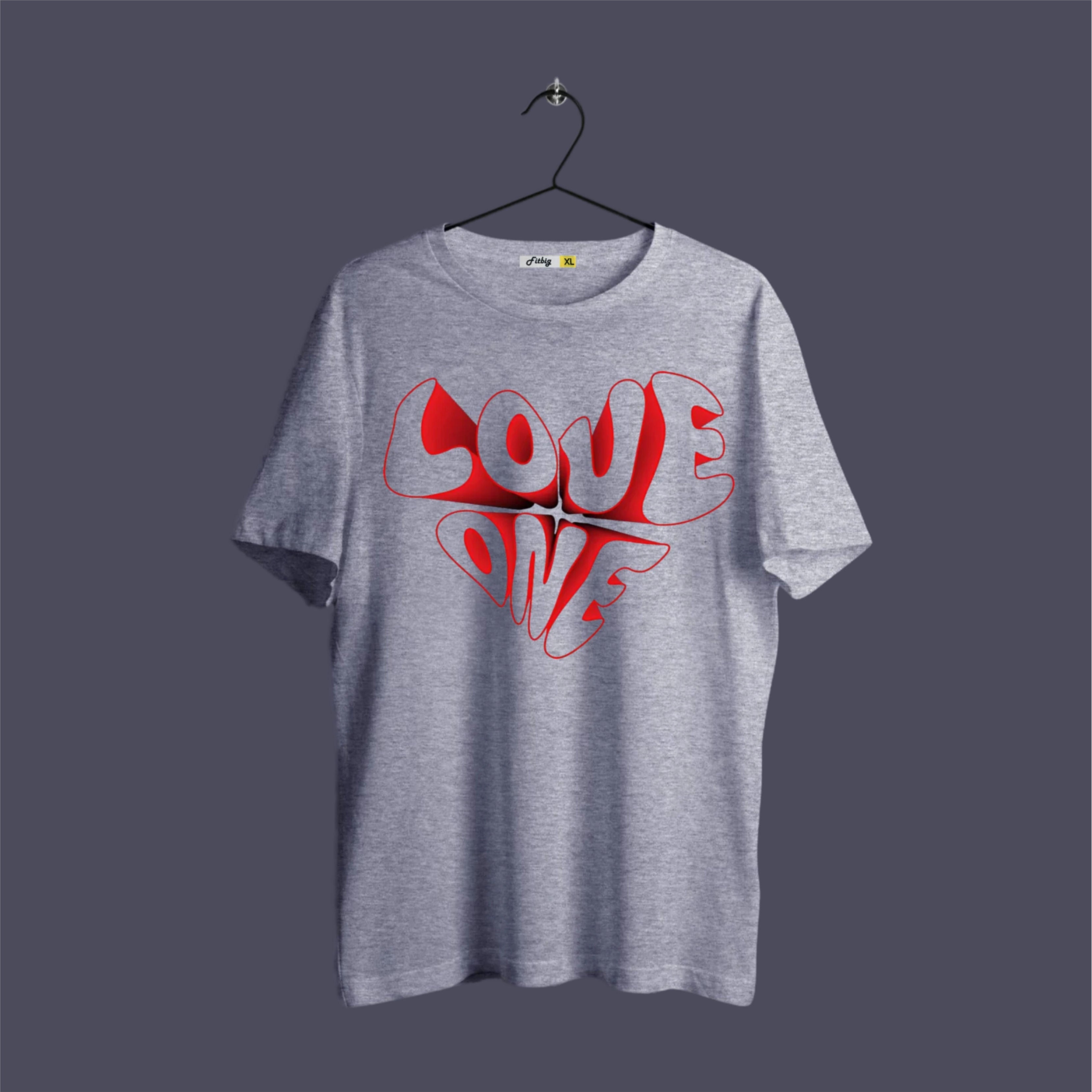 Gray t-shirt with red 'LOVE' design on a dark background