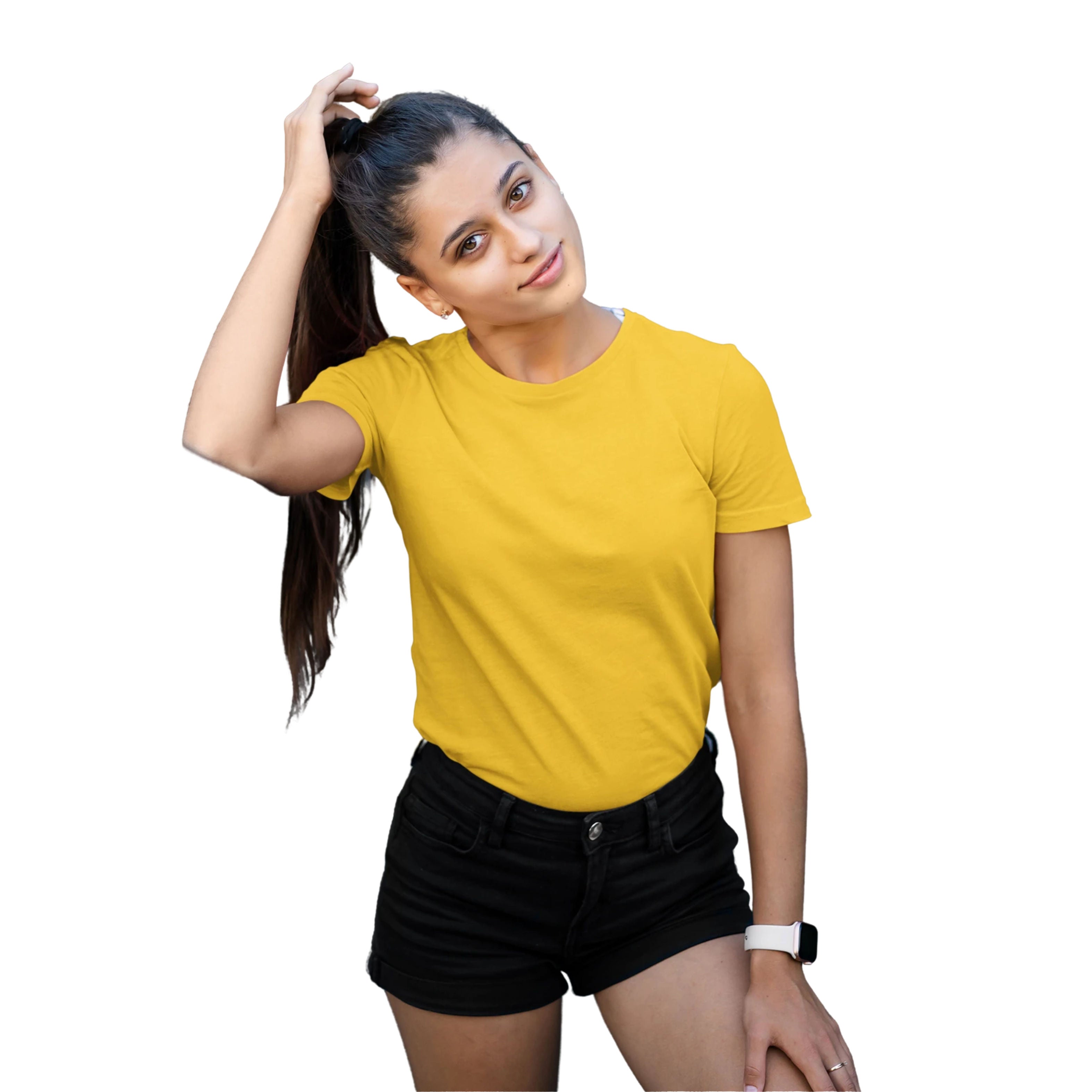 Woman wearing a yellow t-shirt and black shorts on a white background