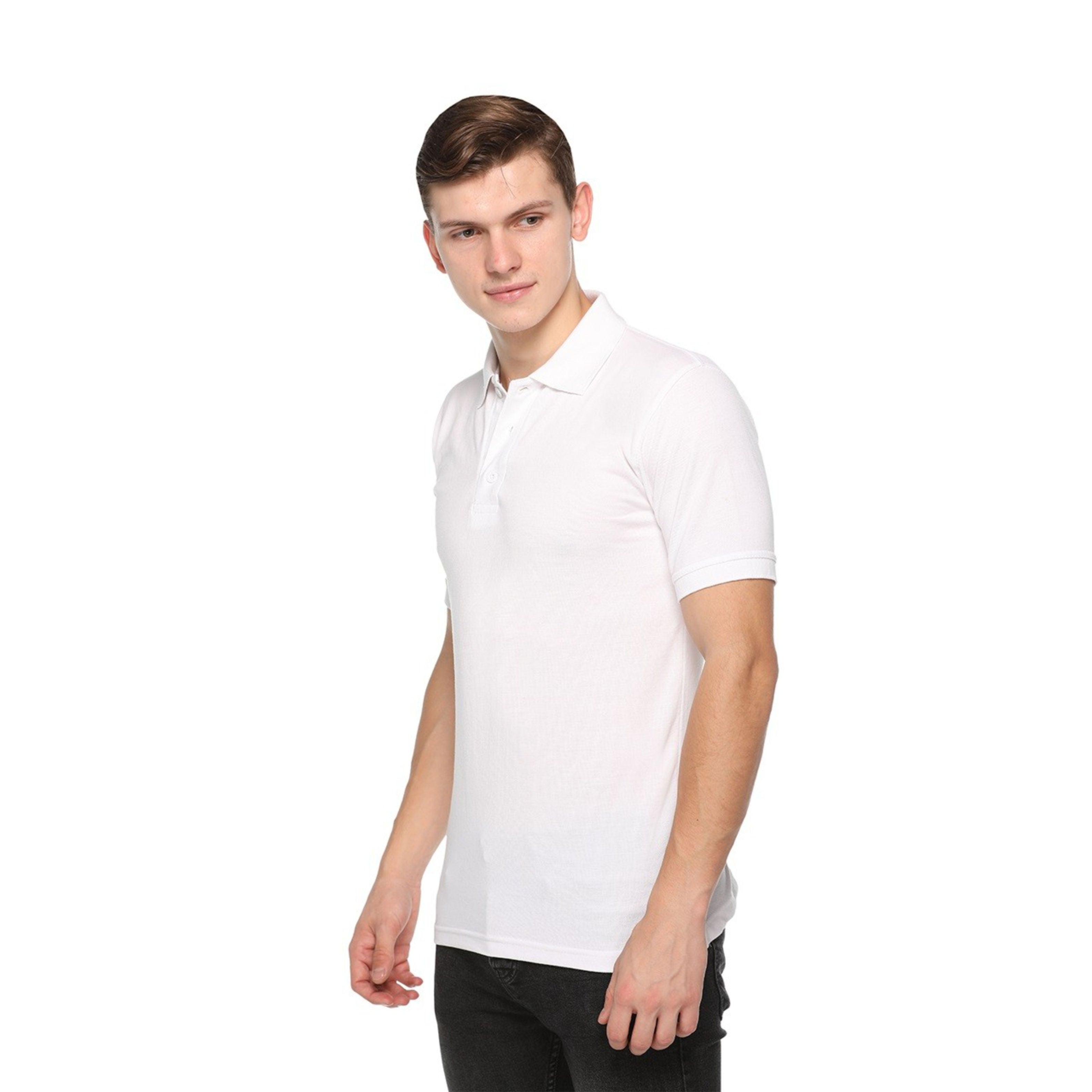 Man wearing a white polo t shirt